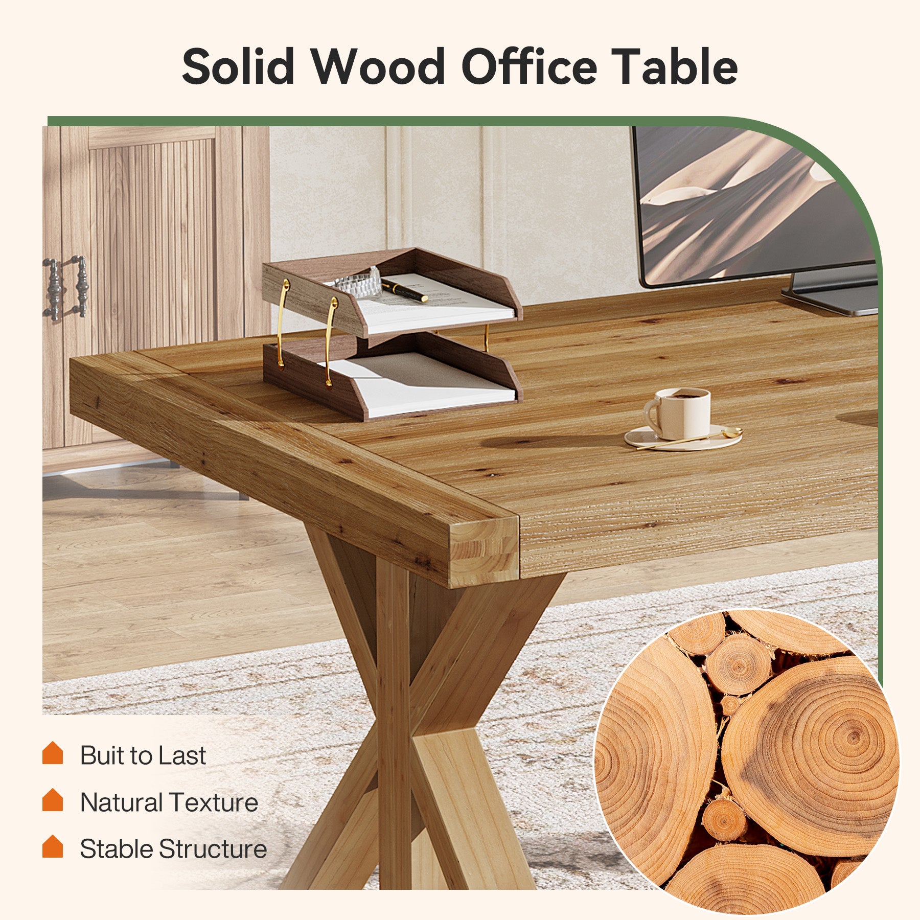 63" Rustic Computer Desk, Solid Wood Executive Desk for Office