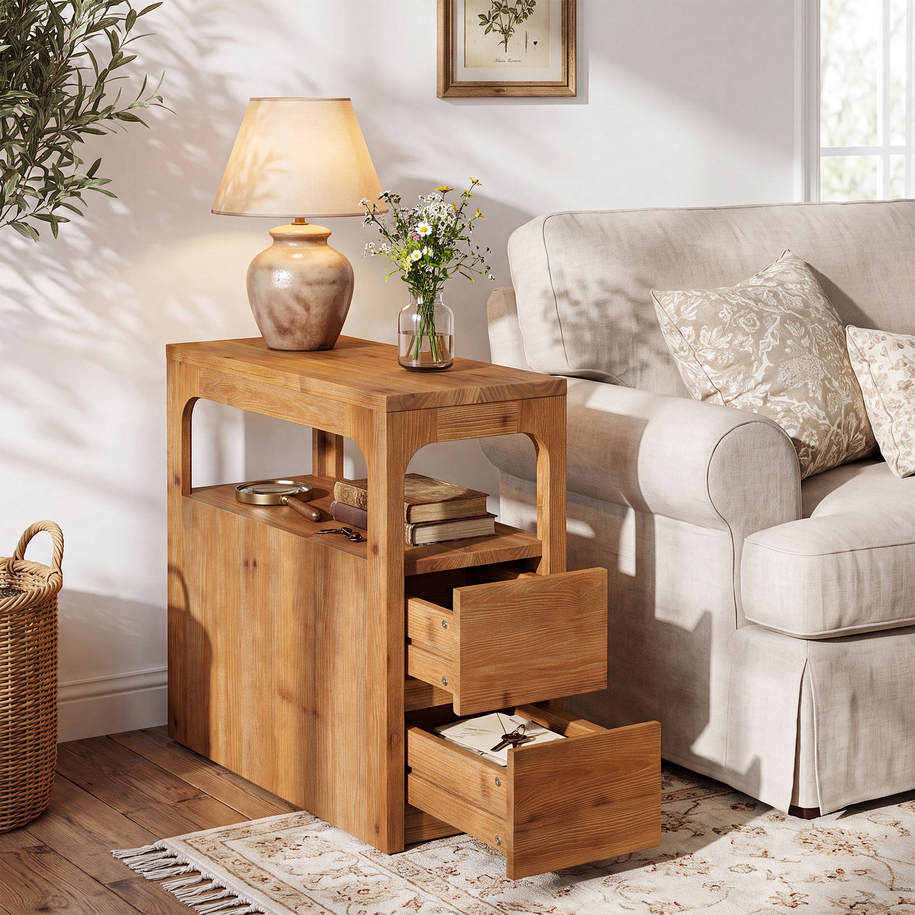 Narrow Solid Wood End Table, Farmhouse Side Table with 2 Drawers