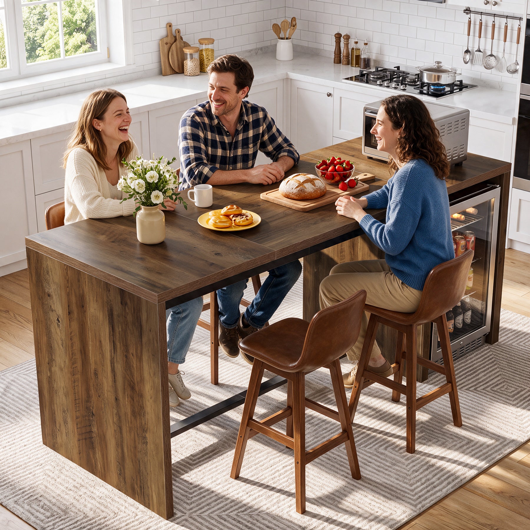 78.74" Kitchen Island, Counter Height Island Table with 2 Shelves & Mini Fridge Space