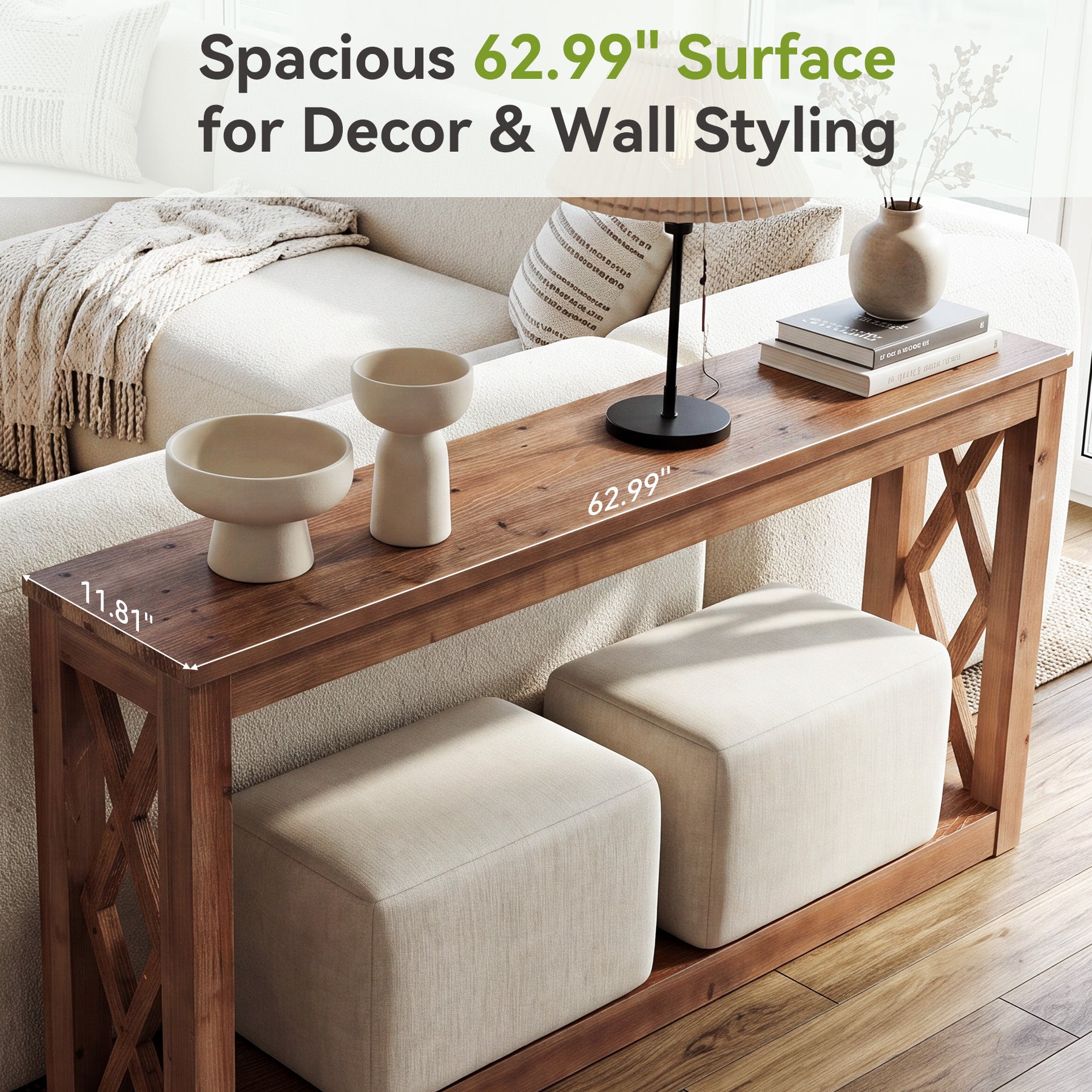 63" Solid Wood Console Table, 2-Tier Open Storage Entryway Table with X-Shaped Sides