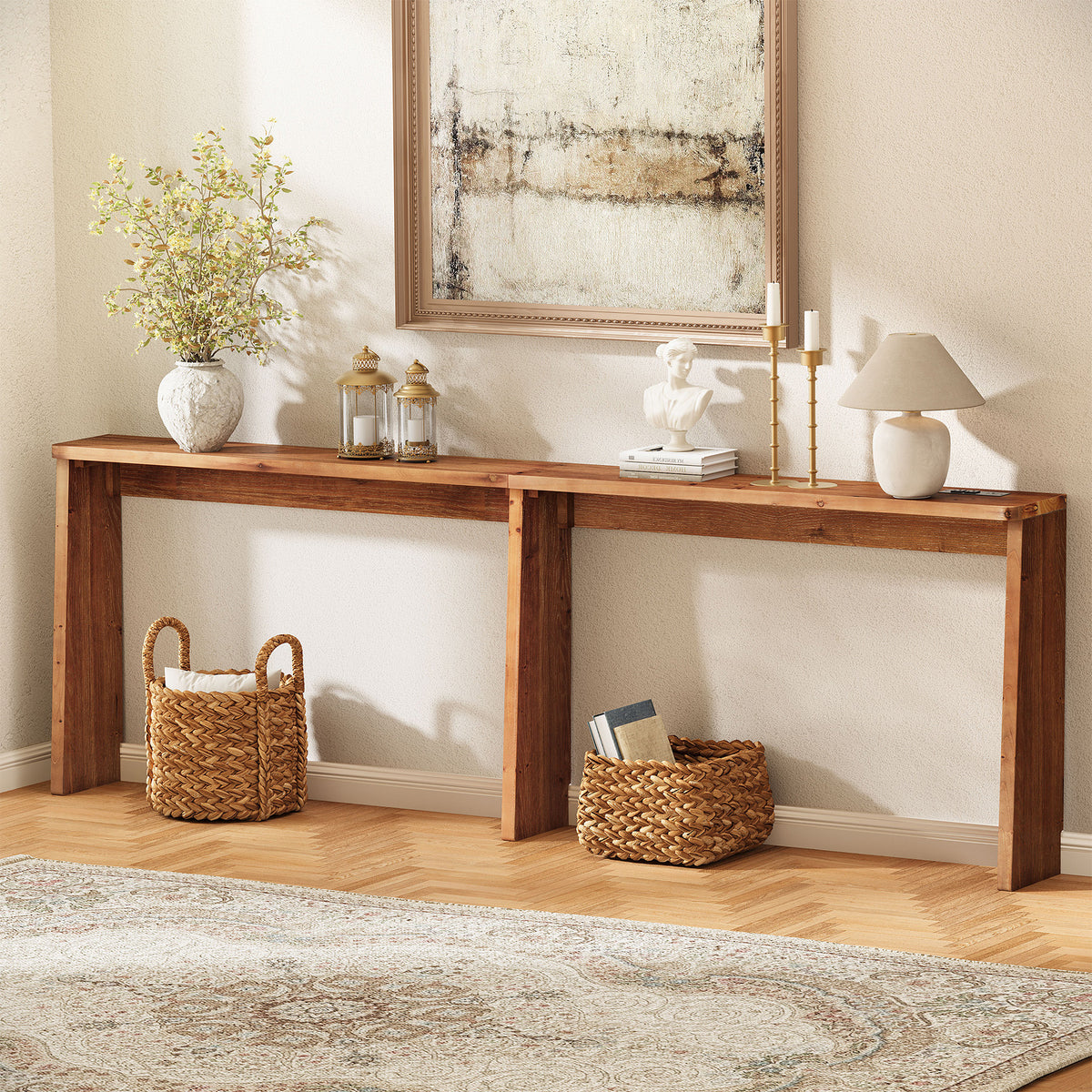 82.7" Narrow Solid Wood Sofa Table Behind Couch with Power Outlets and USB Ports