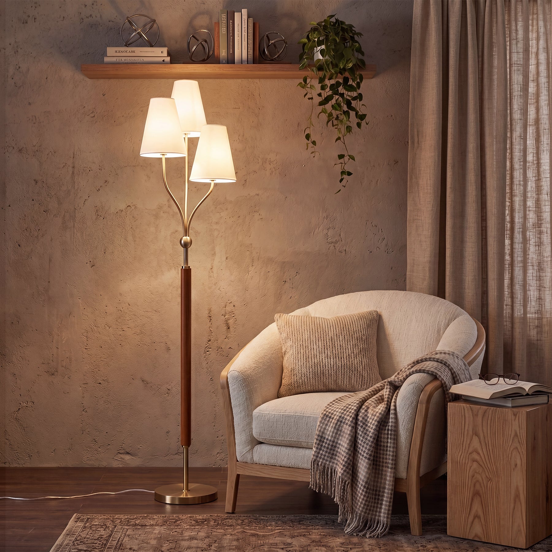 64.96" Height 3-Head Floor Lamp with Linen Fabric Shades, Natural Rubberwood Handle
