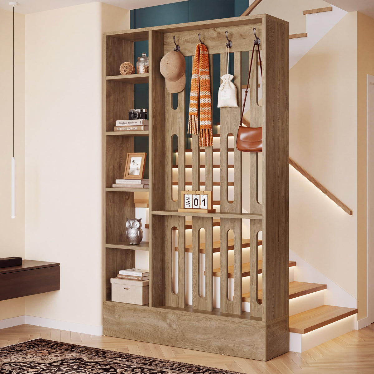 71" Room Divider with Shelves, 5-Cube & 4 Hooks, Freestanding Modern Wall Partition
