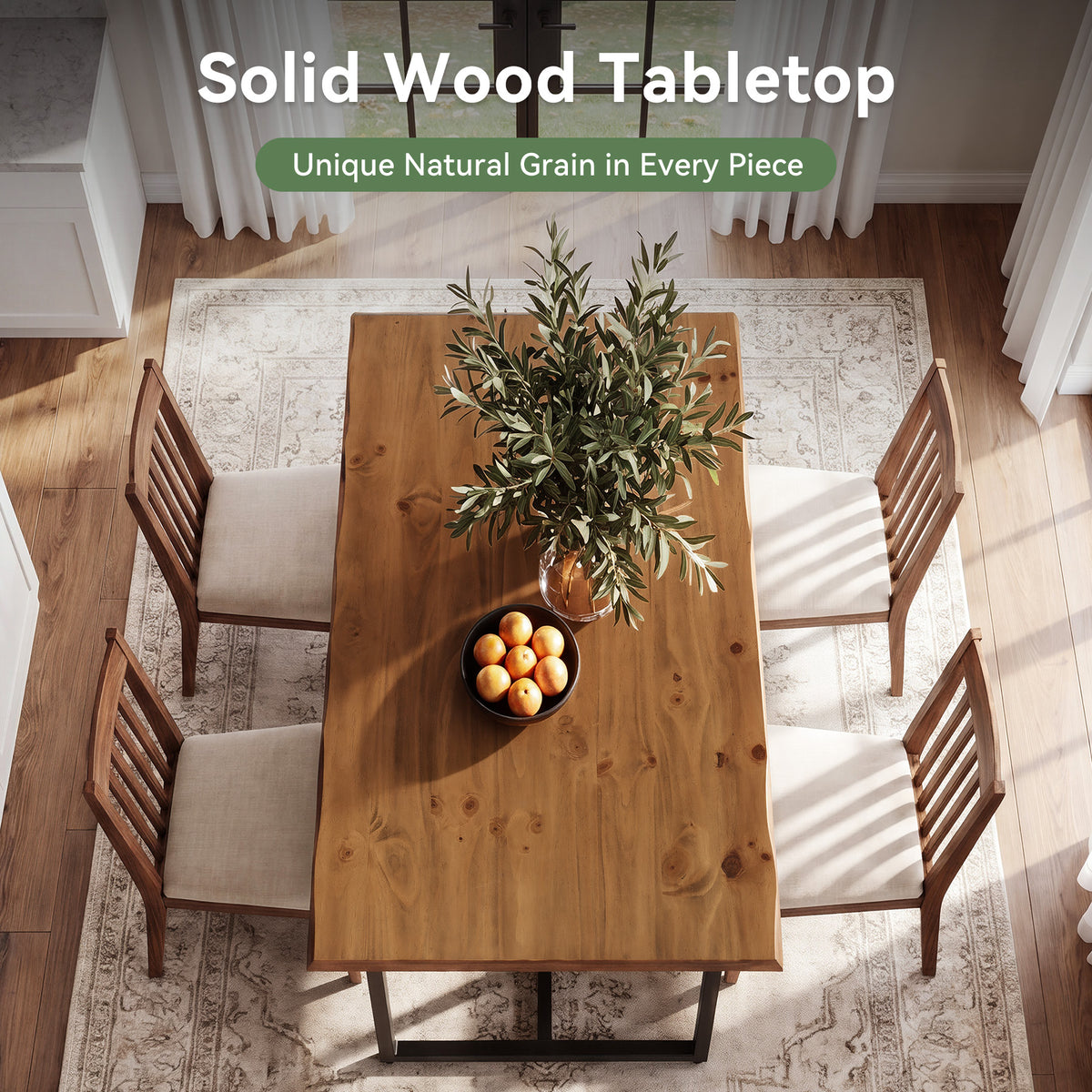 63" Solid Wood Dining Table, Rectangular Kitchen Table with Live-Edge Inspired Top for 4–6
