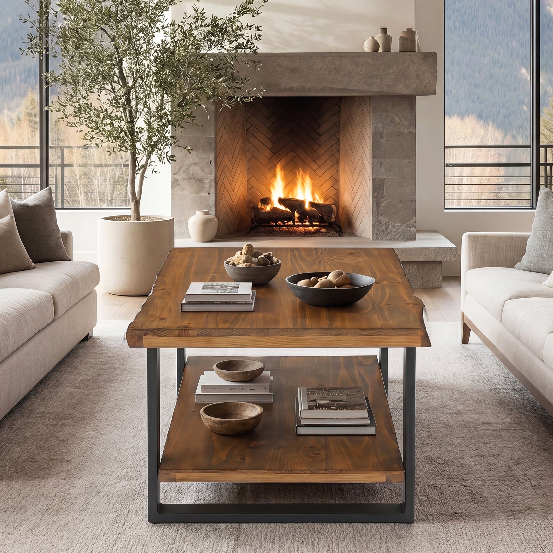 47" Solid Wood Coffee Table, 2-Tier Vintage Center Table for Living Room