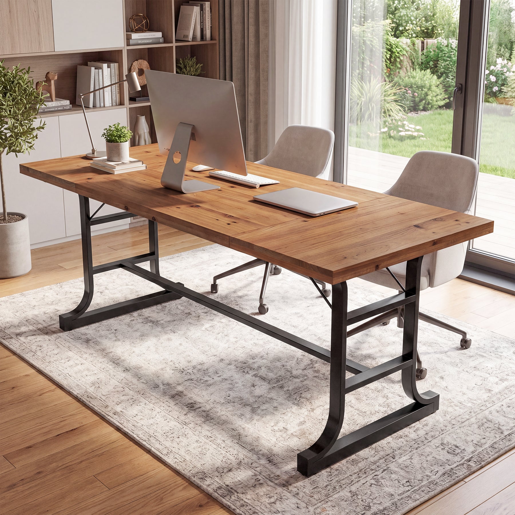 63" Solid Wood Executive Desk with Metal Legs, Farmhouse Home Office Computer Desk
