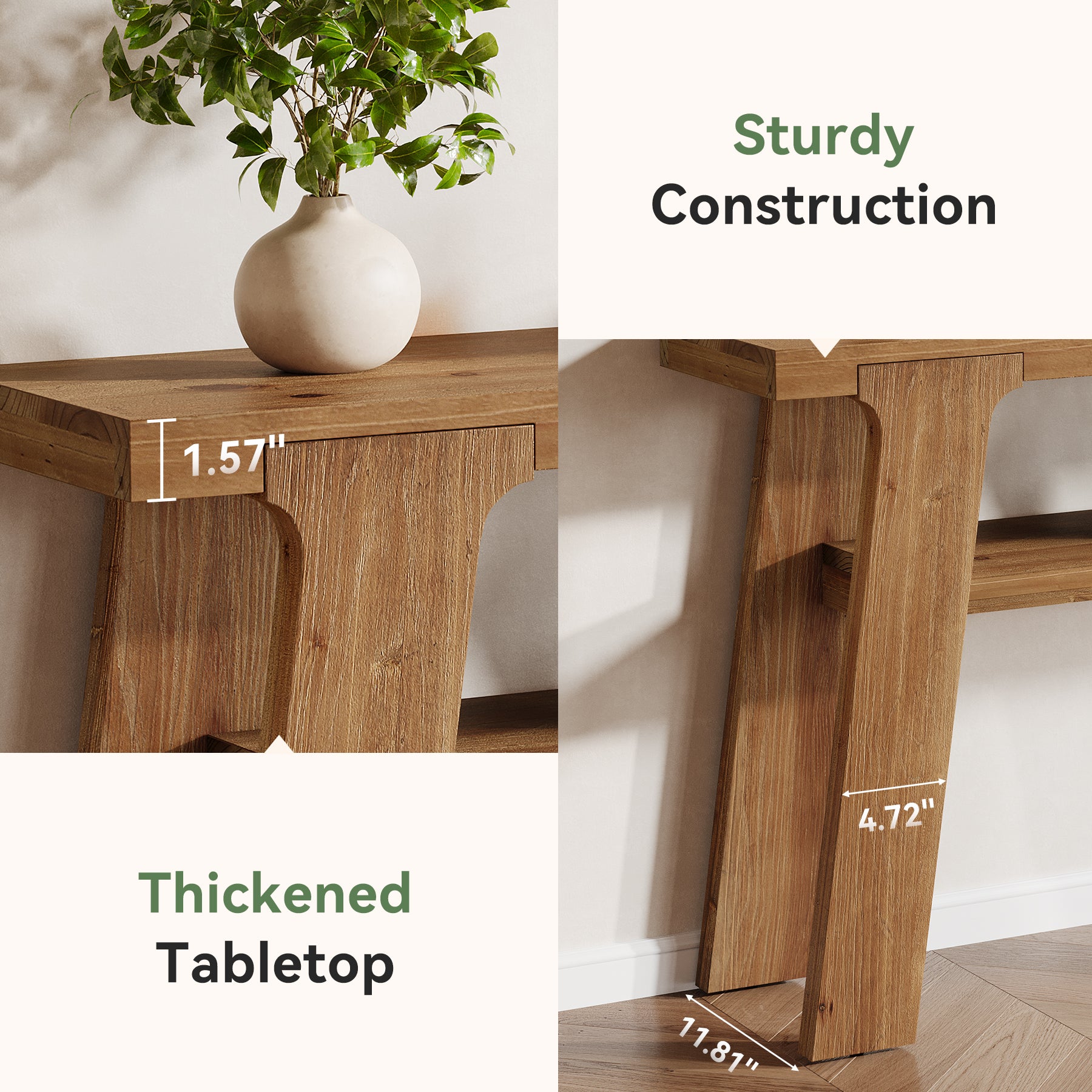 Solid Wood Console Table, 47" Farmhouse Small Sofa Table with 2-Tier Storage