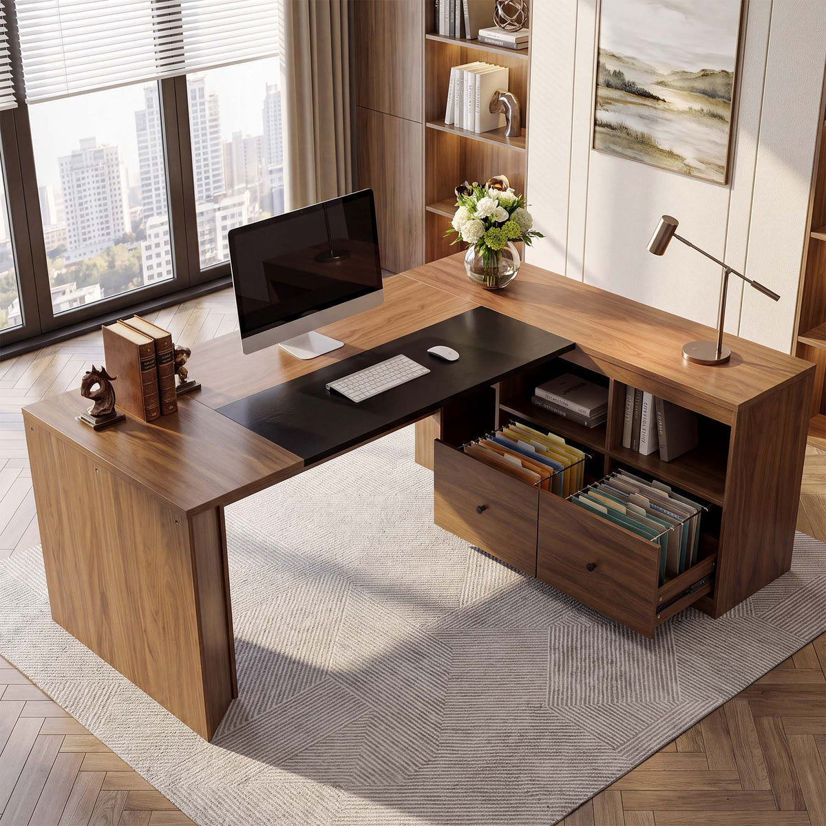 79" L-Shaped Executive Desk with File Cabinet, Modern Computer Desk with Storage for Home Office