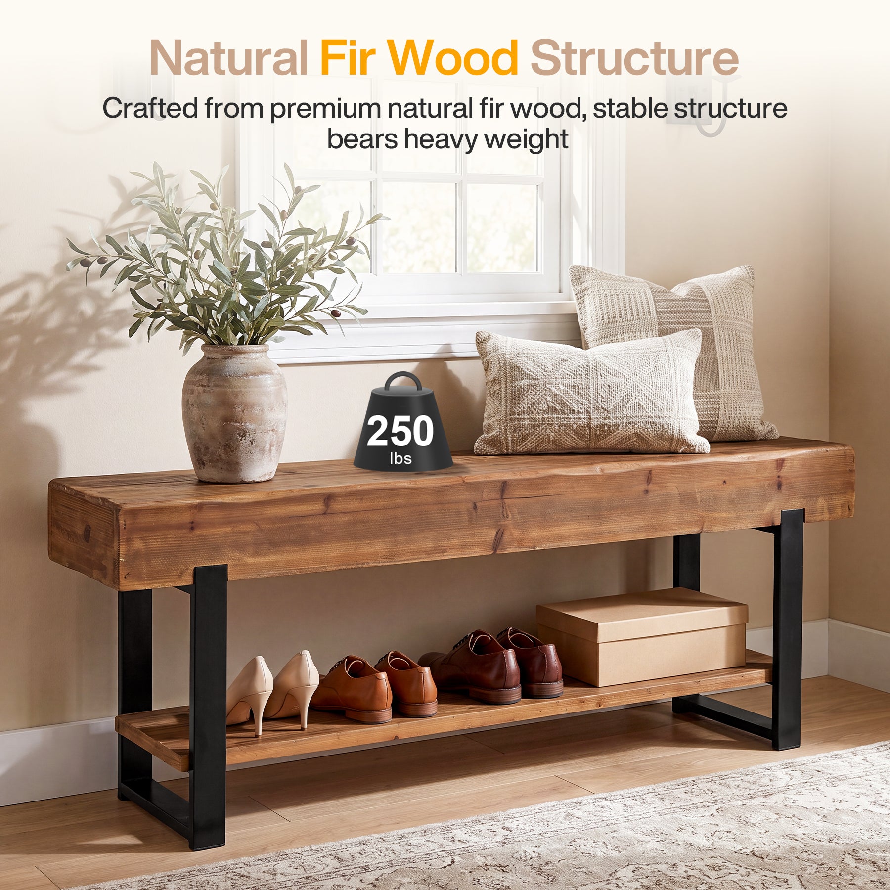 63" Solid Wood Entryway Bench, 2-Tier Shoe Storage Bench with Metal Frame