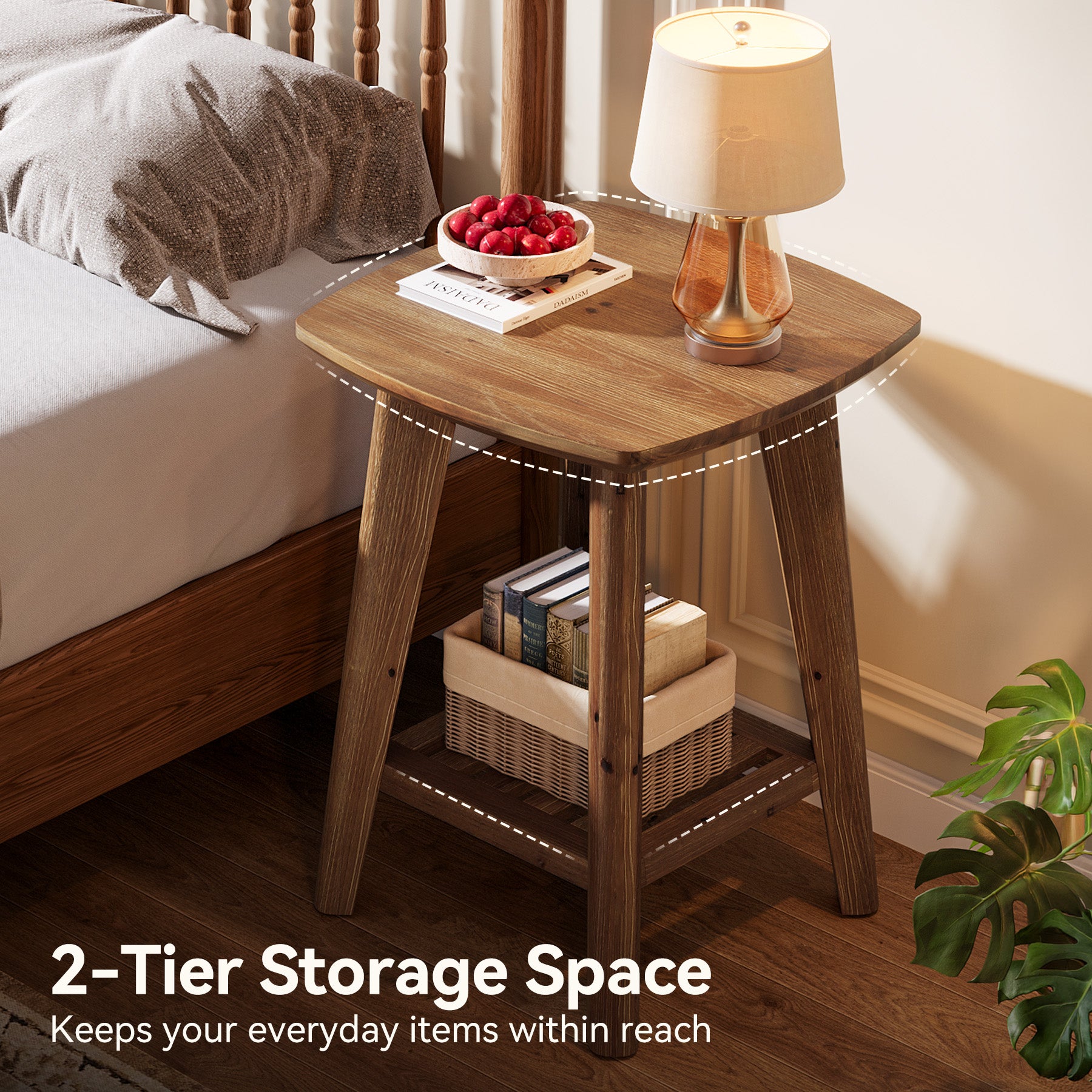 19.69" Square Side Table with 2-Tier Storage Shelf, Solid Wood End Table for Living Room and Sofa Side