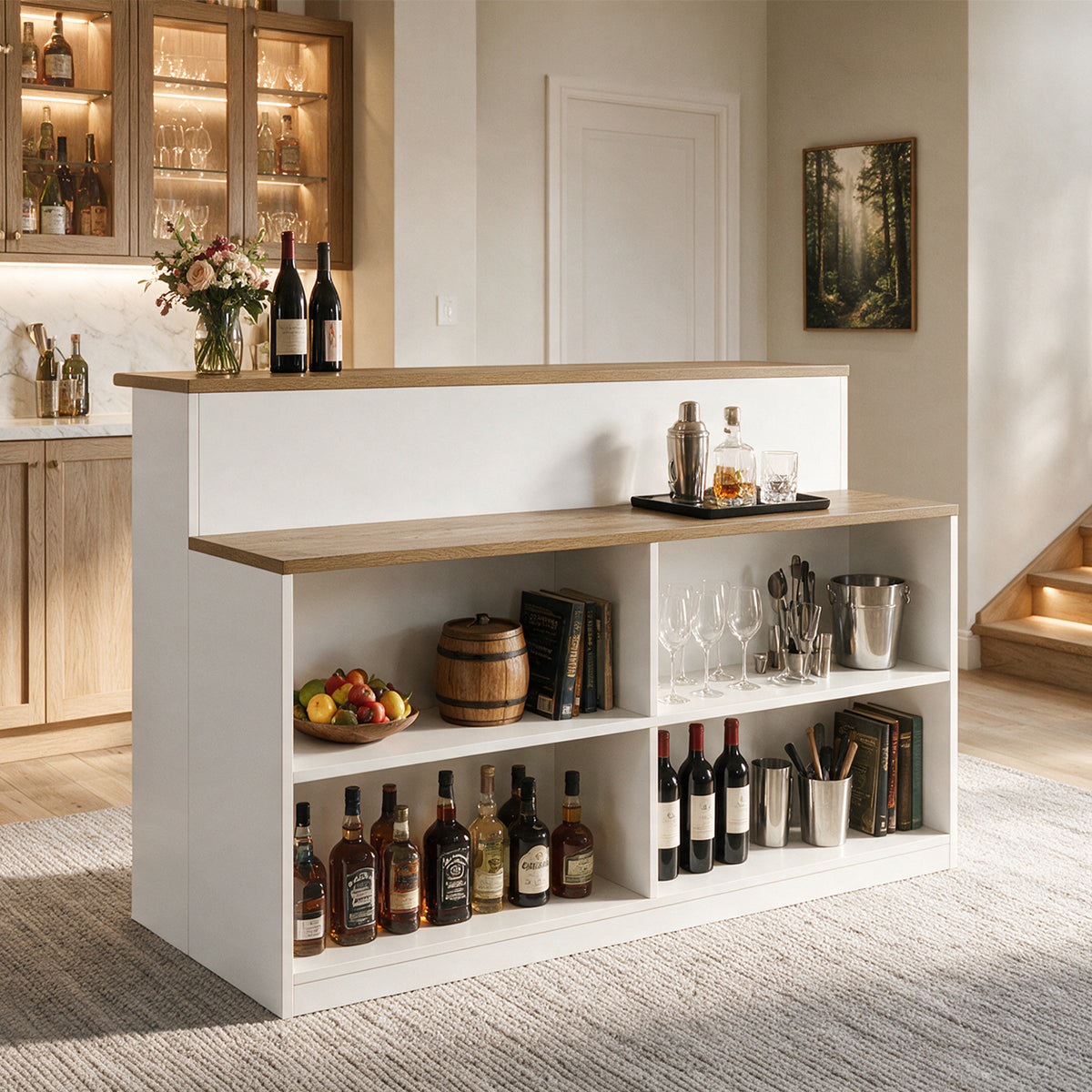 4-Tier Bar Table with Storage, Rectangular Pub Table with 4 Open Cubbies &  2-Tier Worktop