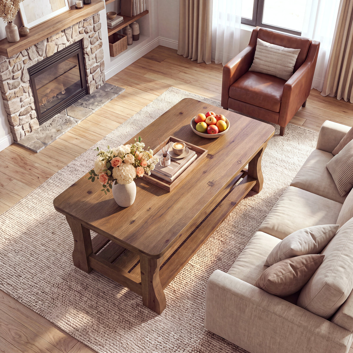 47" Modern Solid Wood Coffee Table, Rectangle 2-Tier Storage Shelf, Center Table, Living Room