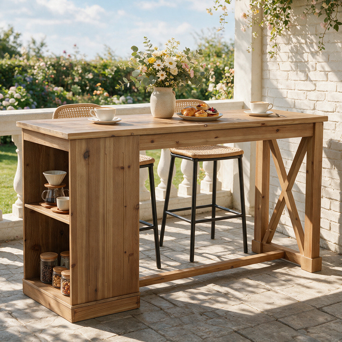 63" Counter Height Bar Table, Farmhouse Solid Wood, Rectangular with 2-Tier Storage