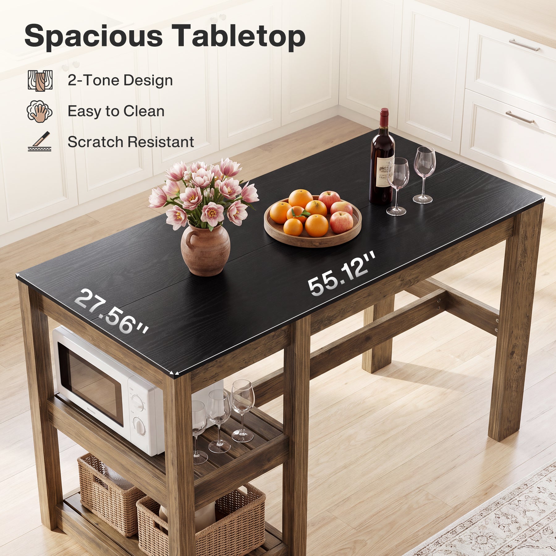 55" Kitchen Island Table, 2-Tier Storage Shelves for Dining Room