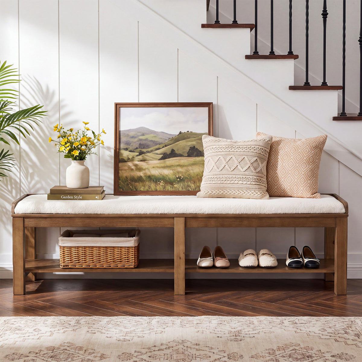 63" Solid Wood Entryway Shoe Bench, 2-Tier Upholstered End of Bed Bench with Cushion