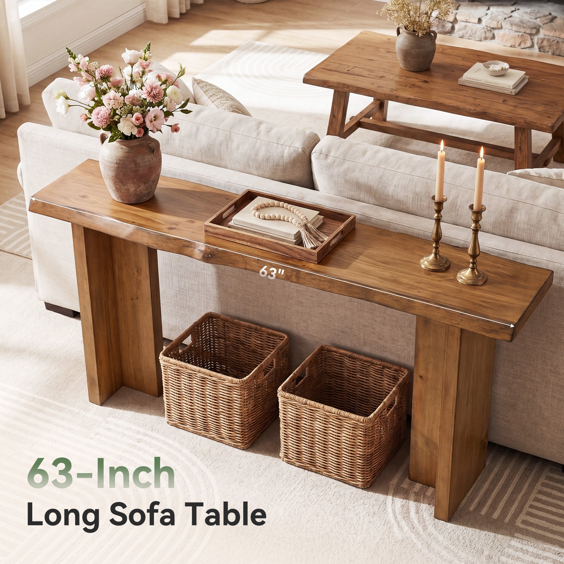 63" Solid Wood Console Table, Narrow Farmhouse Sofa Table for Entryway, Living Room