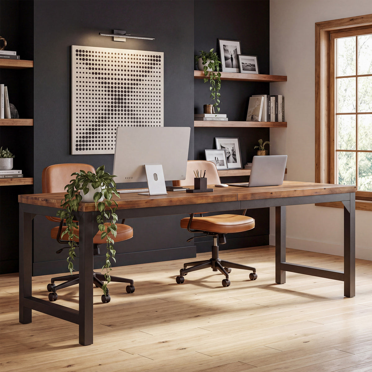 Solid Wood 2-Person Desk, 78.74" Computer Desk with Metal Frame for  Home Office