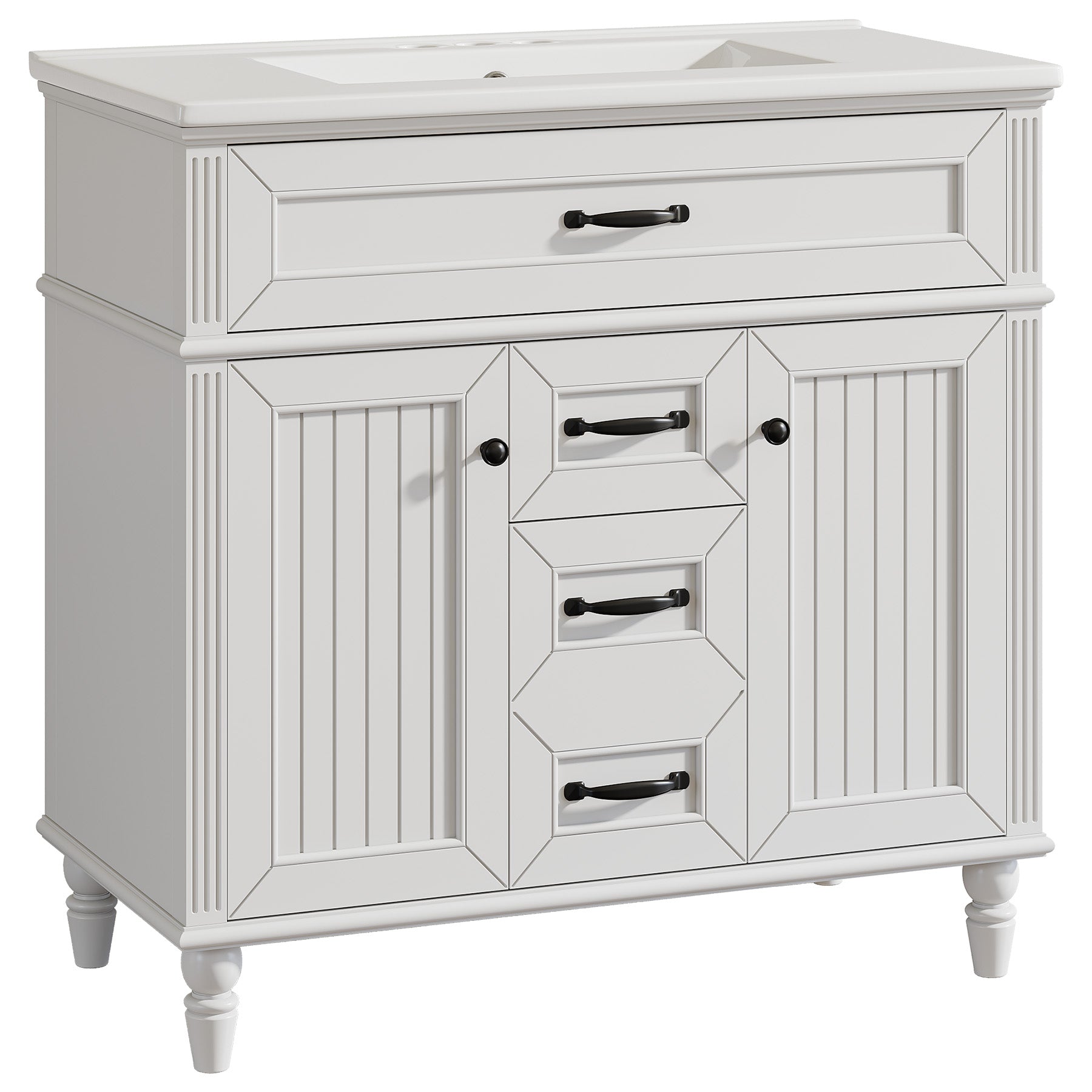 35" Solid Wood Bathroom Vanity, Freestanding Vanity Cabinet with Tip-Out Drawer