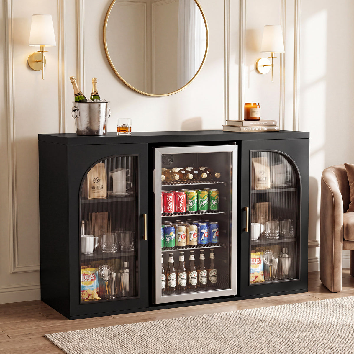 53" Coffee Bar Cabinet with Mini Fridge Space & LED Lights, Fluted Acrylic Door
