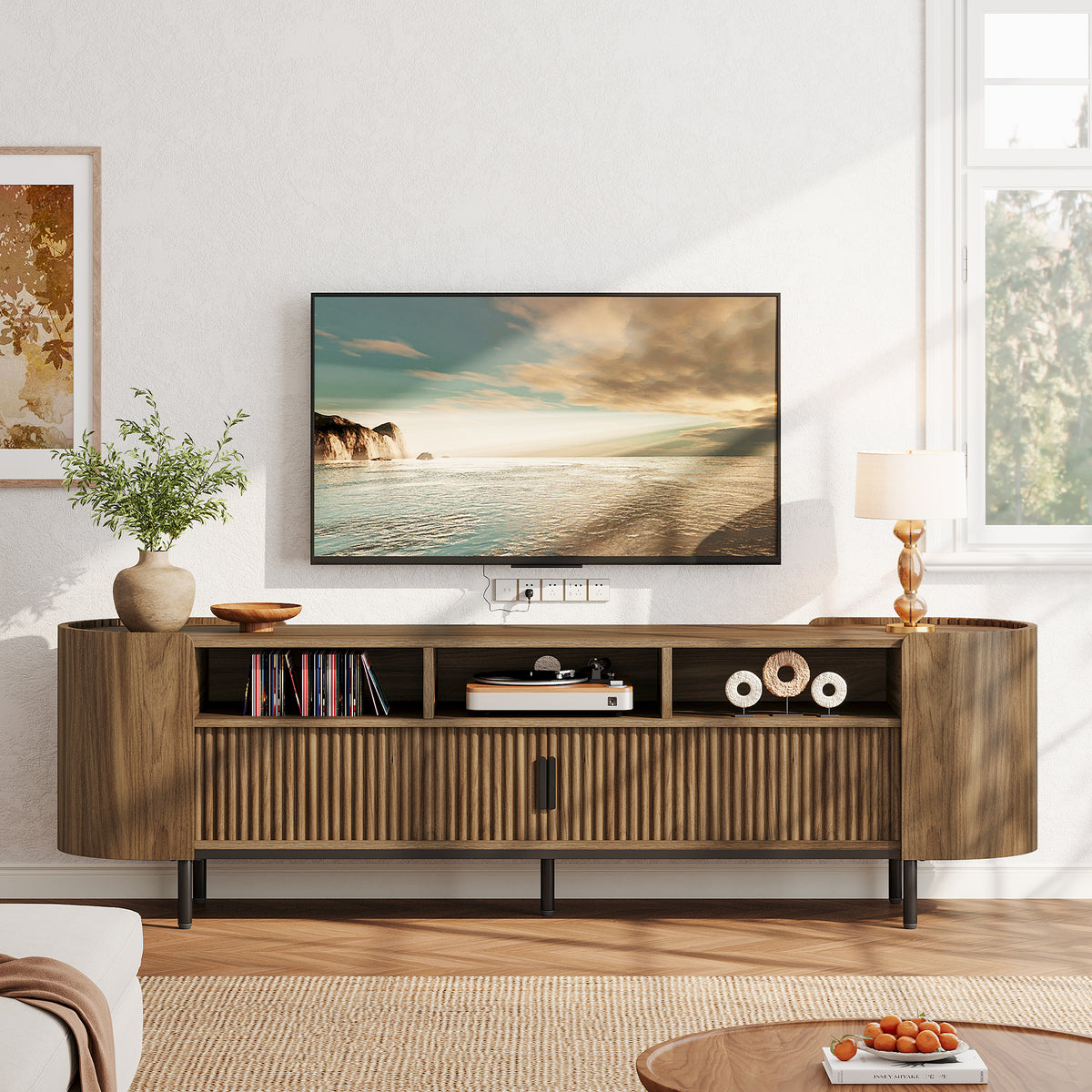 71 Inch TV Stand with Fluted Sliding Doors and Storage, Mid Century Media Console for Living Room