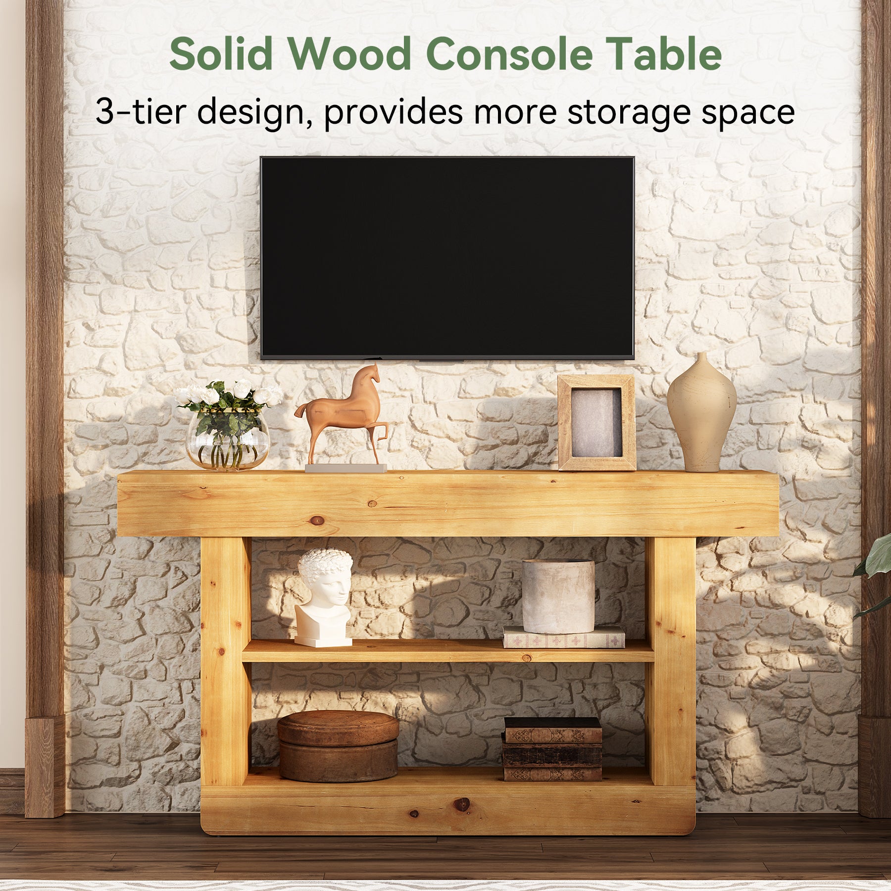 63" Solid Wood Console Table, 3-Tier Sofa Table with Storage for Entryway