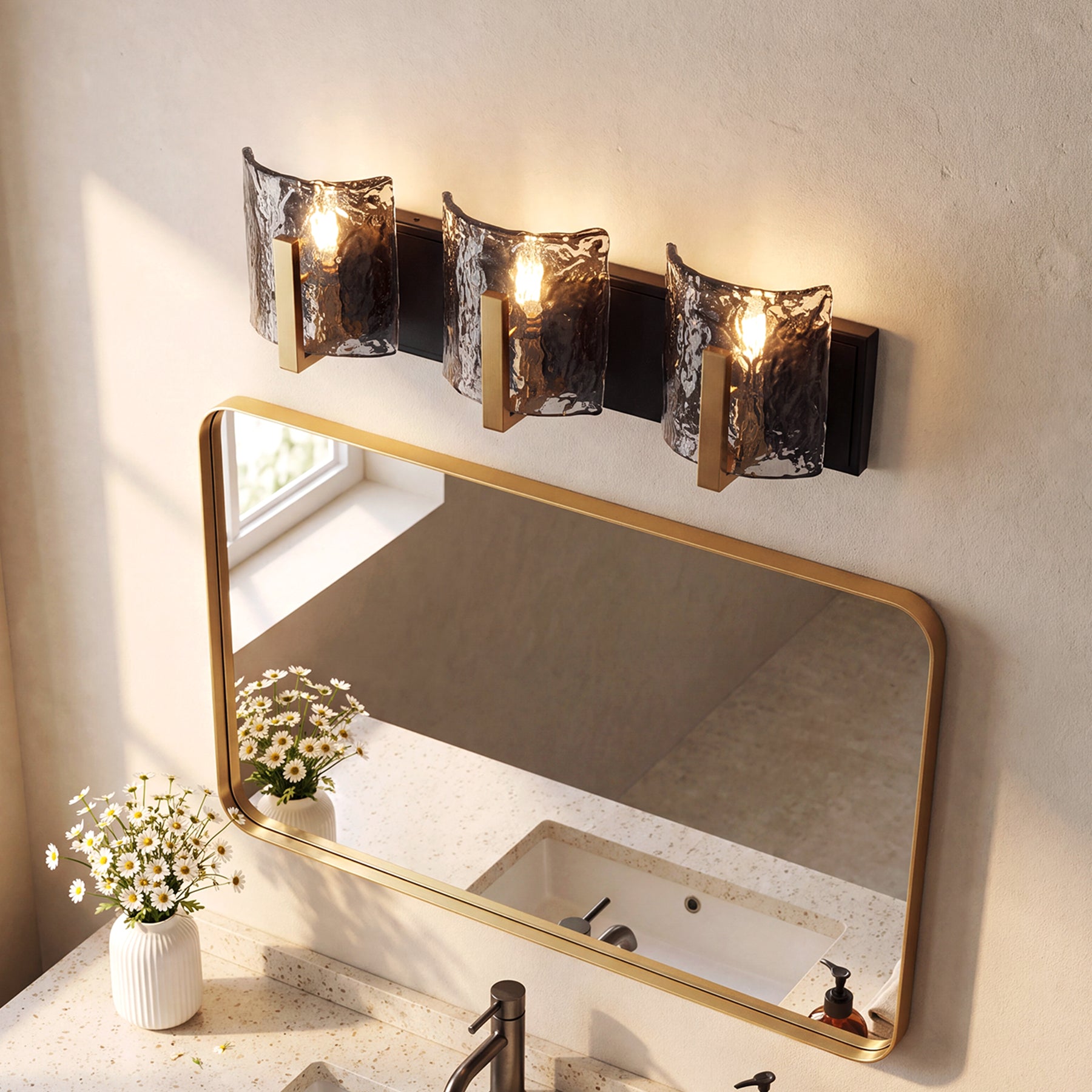 3‑Light Bathroom Light Fixtures, Modern Vanity Light with Smoky Gray Water Ripple Glass