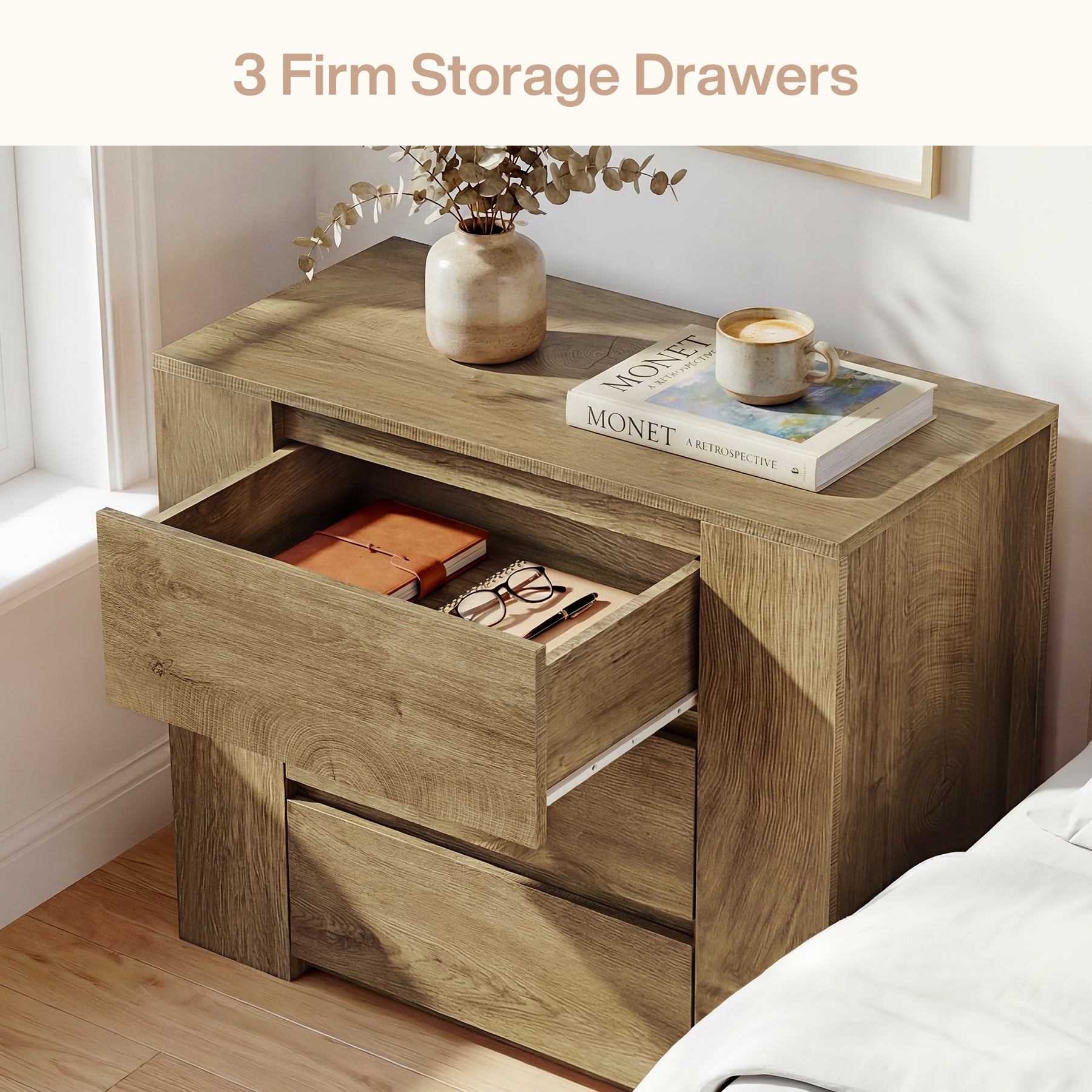 Oversized Nightstand with 3 Drawers, 31.5" Wide Bedside Table with Storage