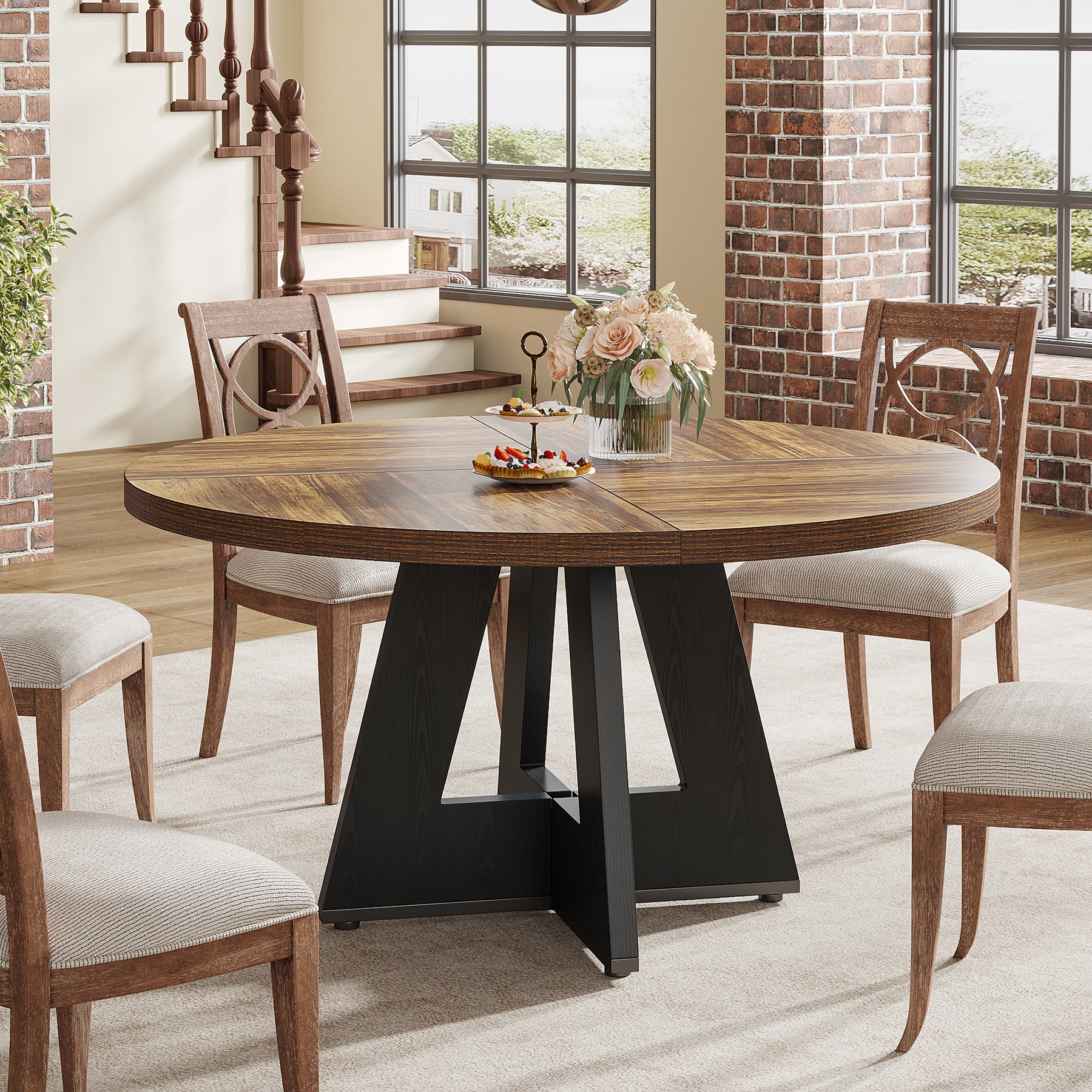 47-Inch Round Farmhouse Dining Table for 4–6 with Cross-Style Pedestal Base
