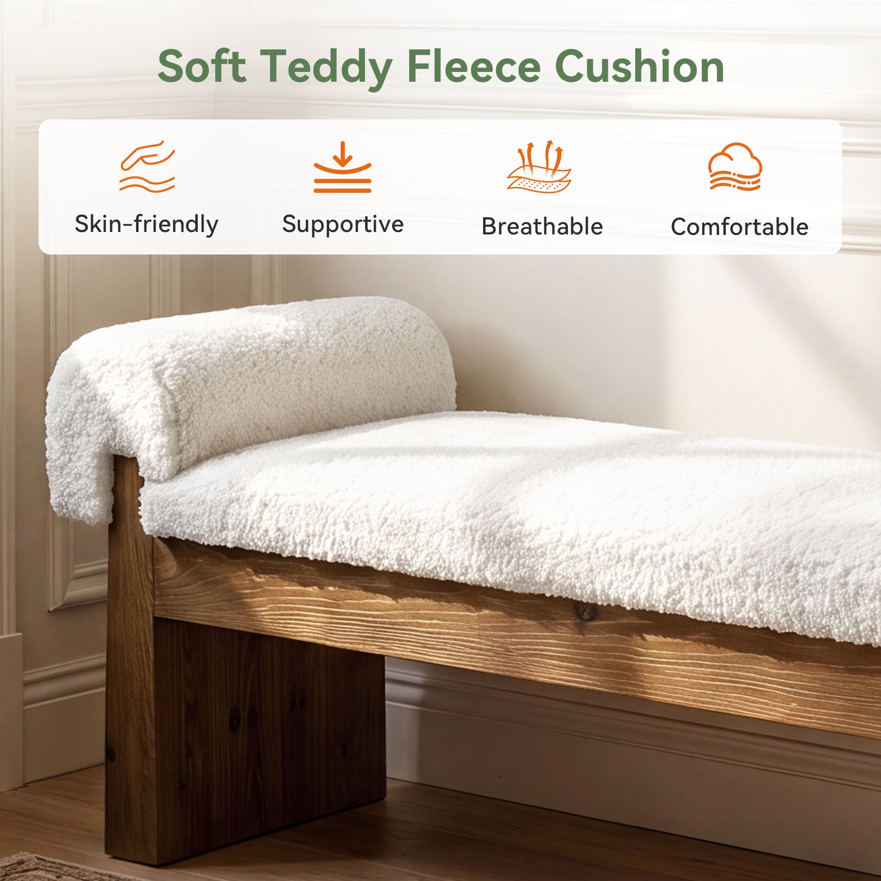 Solid Wood Cushioned Bench, Upholstered Entryway Bench End of Bed Bench