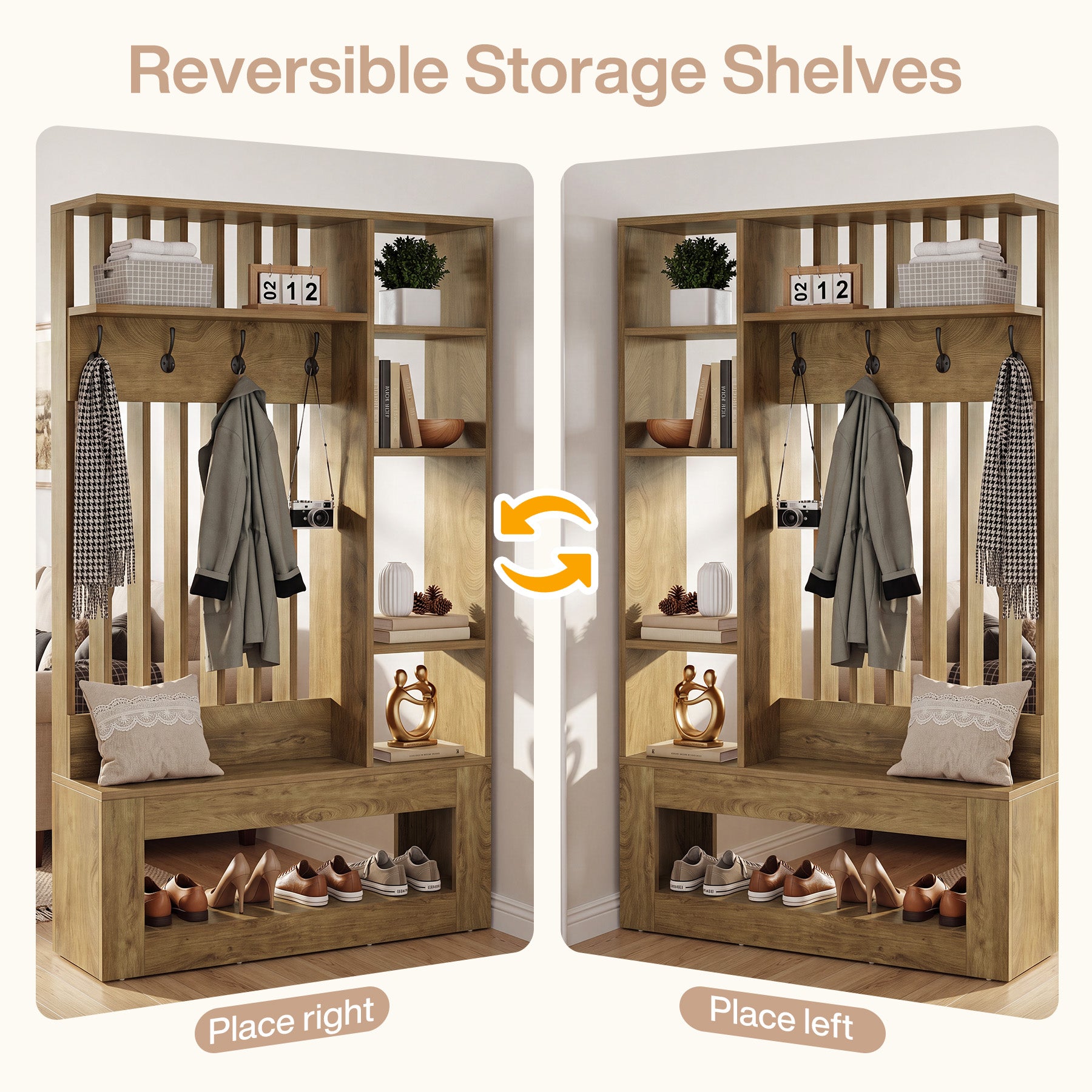 70.8"H Wall Room Divider, Freestanding Room Partition with Shelves and Coat Hooks