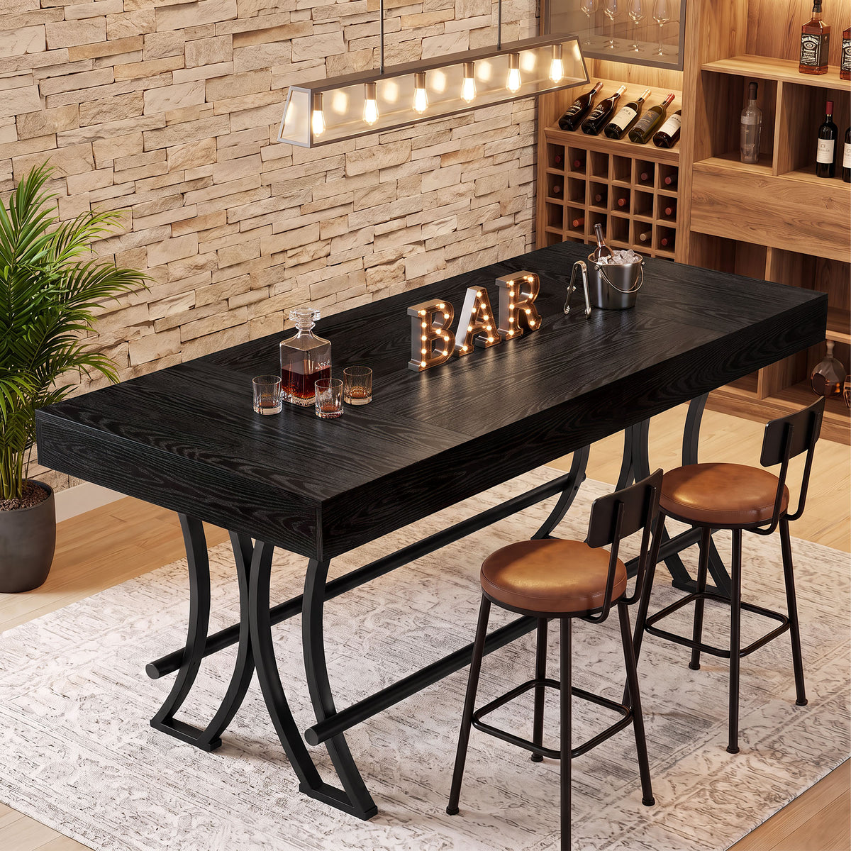 63" Bar Pub Table, Counter Height Kitchen Dining Table with Metal Footrest