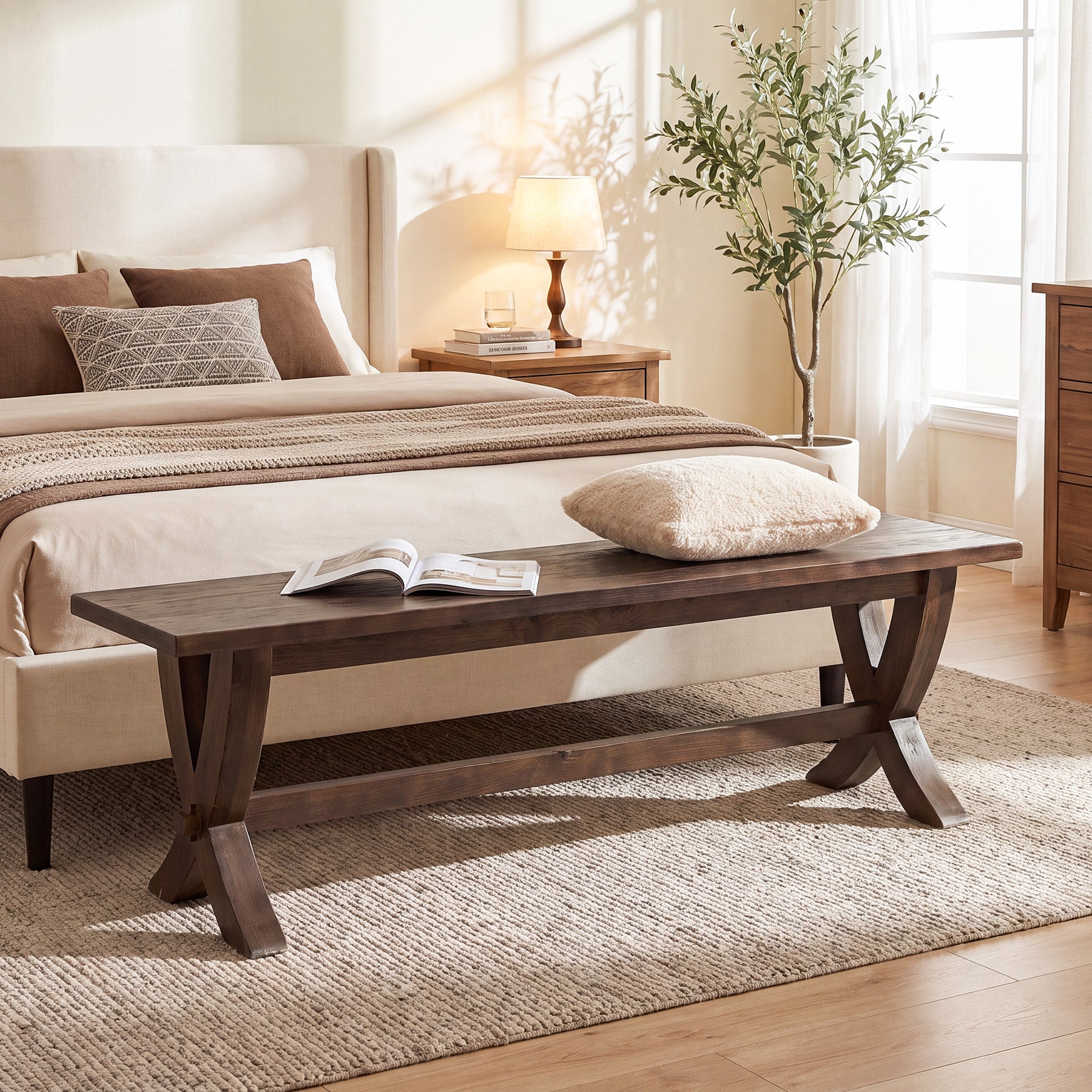 59" Solid Wood Entryway Bench, Farmhouse Wooden Bench with X-Frame Legs