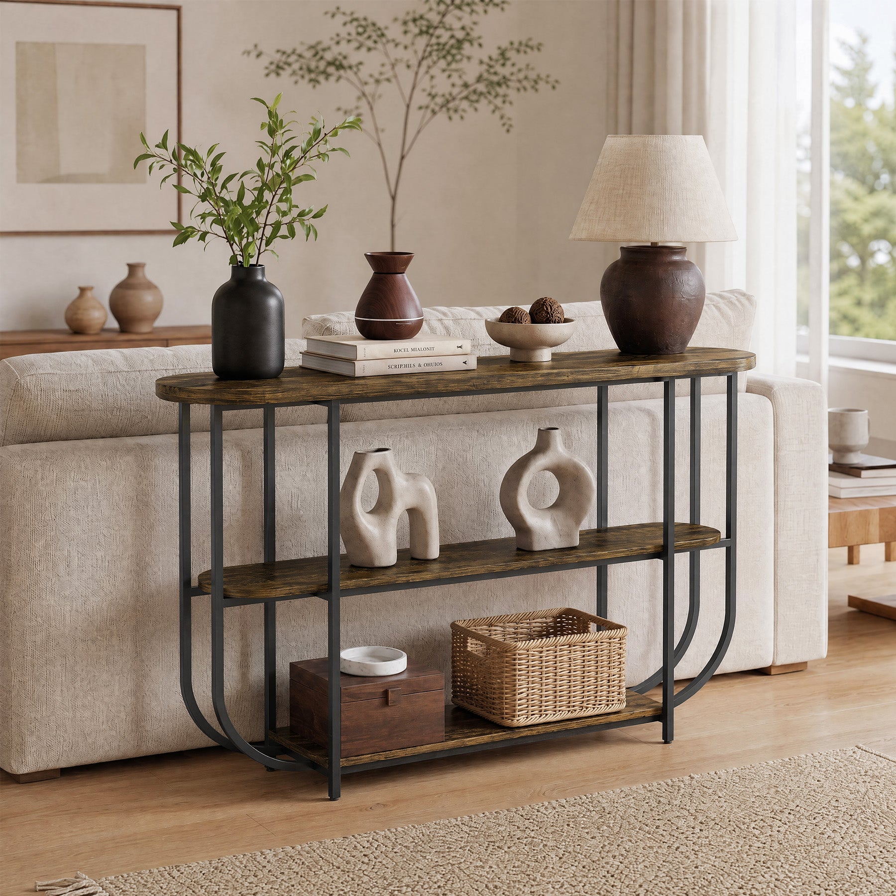 63" Console Table, 3-Tier Narrow Entryway Table with Curved Metal Frame