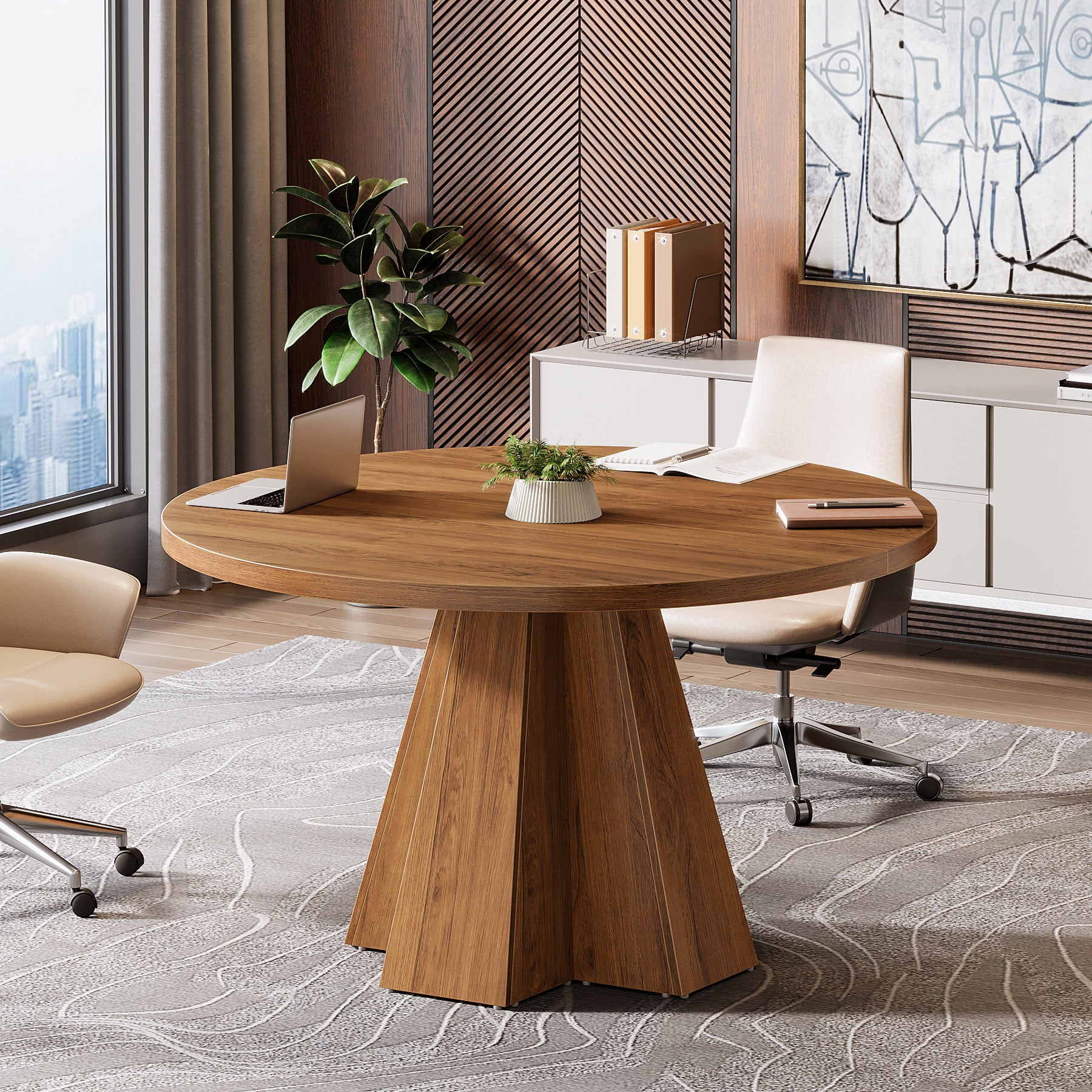 Round Conference Table, Small Meeting Table with Thickened Tabletop
