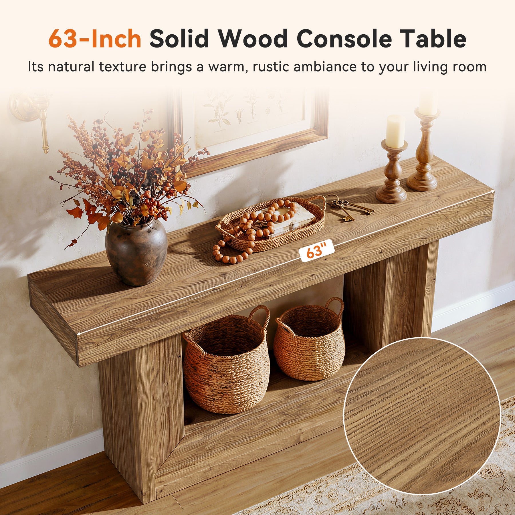 63" Solid Wood Console Table with U-Shaped Base, Farmhouse Narrow Entryway Table with Open Storage Shelf