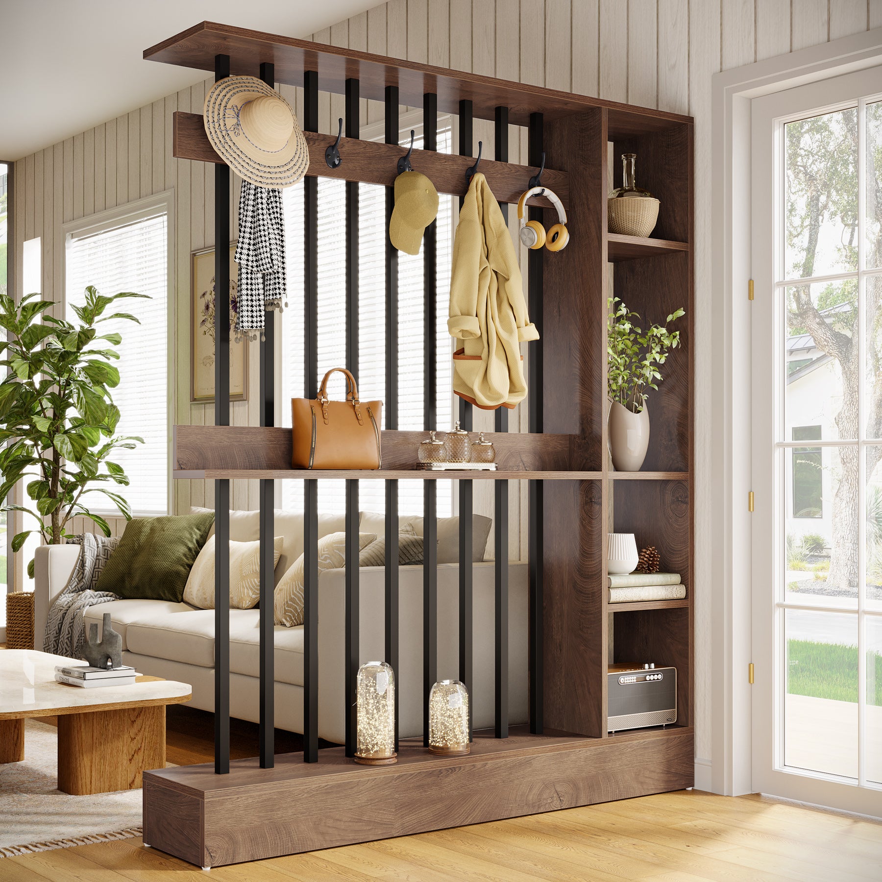 71" Wall Room Divider, Modern  Room Partition with Shelves & Coat Hooks for Entryway