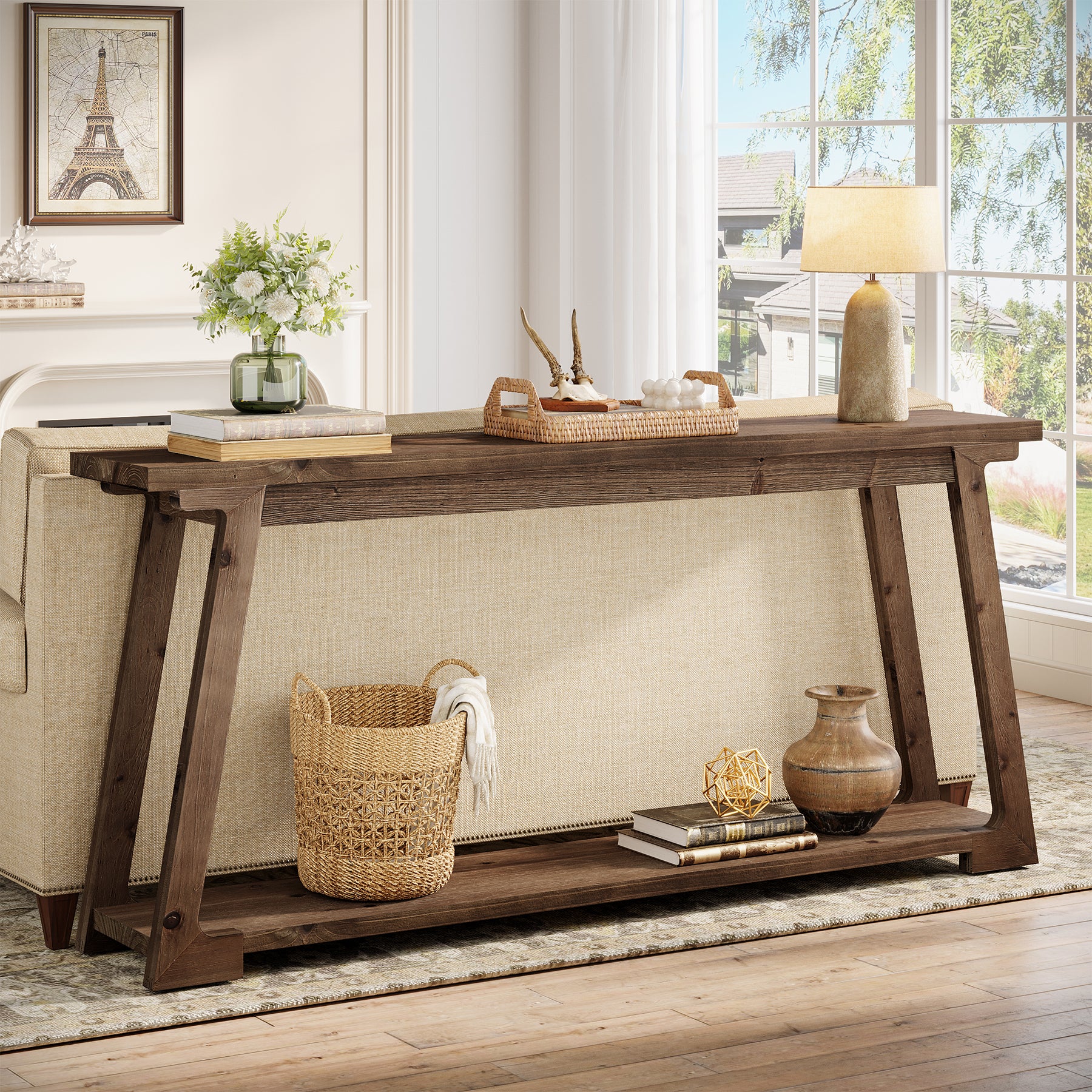 63" Console Table, Wood Sofa Table with 2-Tier Storage for Living Room