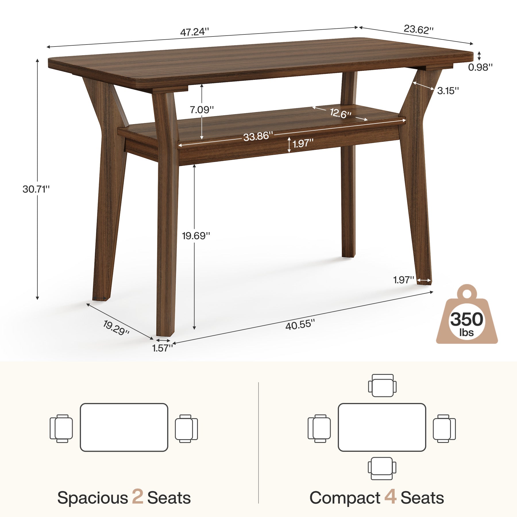 47" Dining Table, 2-Tier Rectangle Kitchen Table with Solid Wood Legs