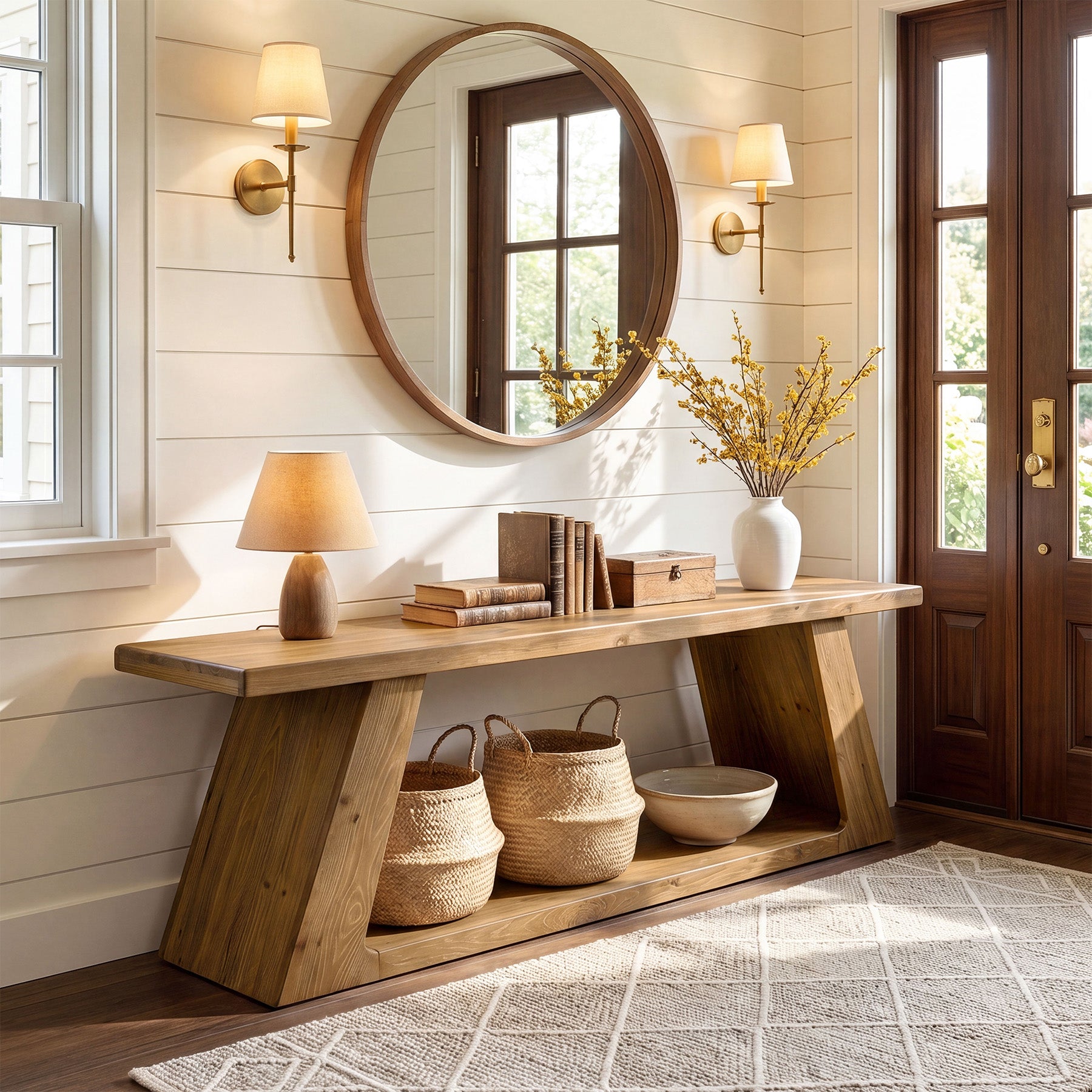 63" Solid Wood Console Table, Farmhouse Sofa Table with 2-Tier Open Shelf for Entryway