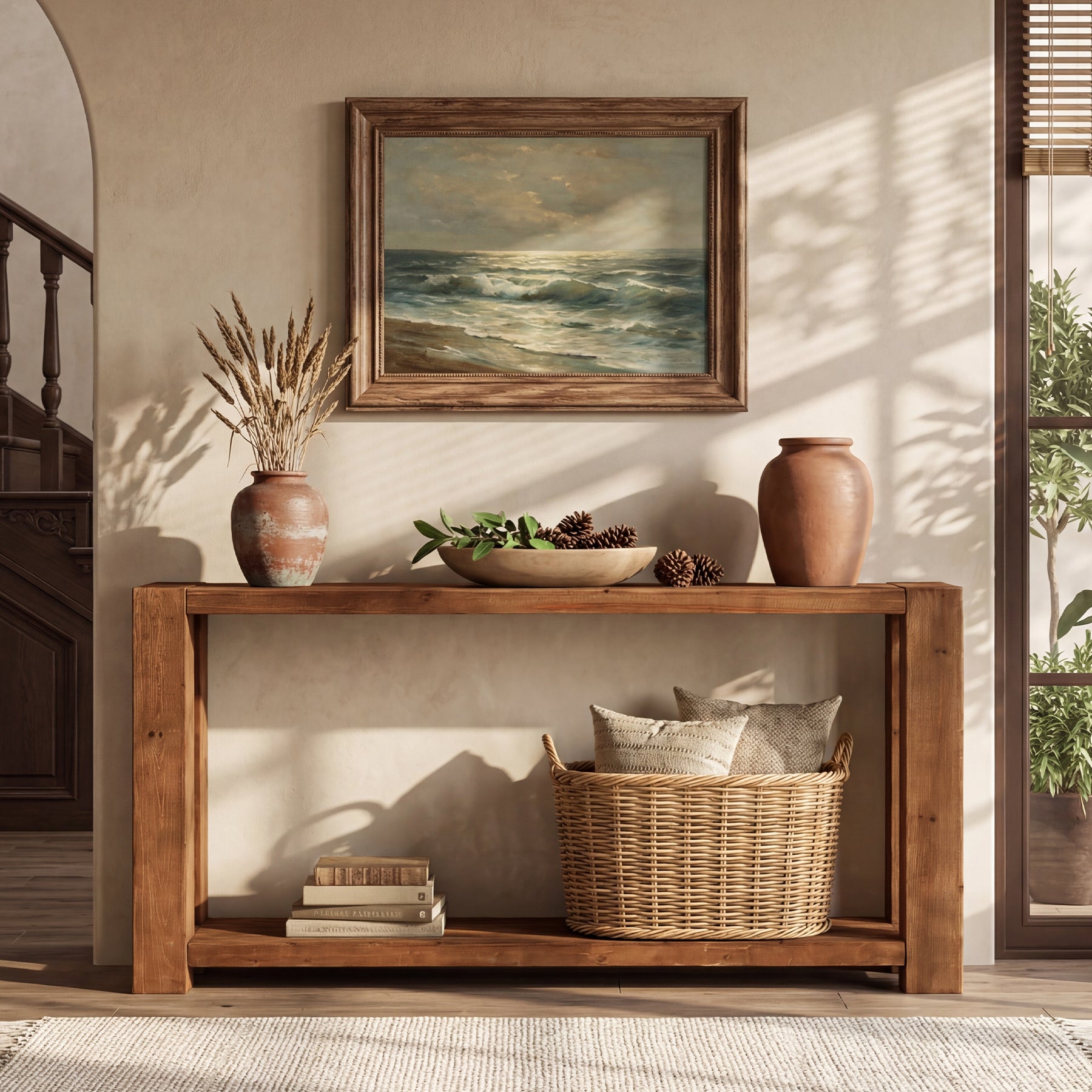 63" Solid Wood Console Table with Storage Shelf, Farmhouse Entryway Sofa Table for Hallway & Living Room