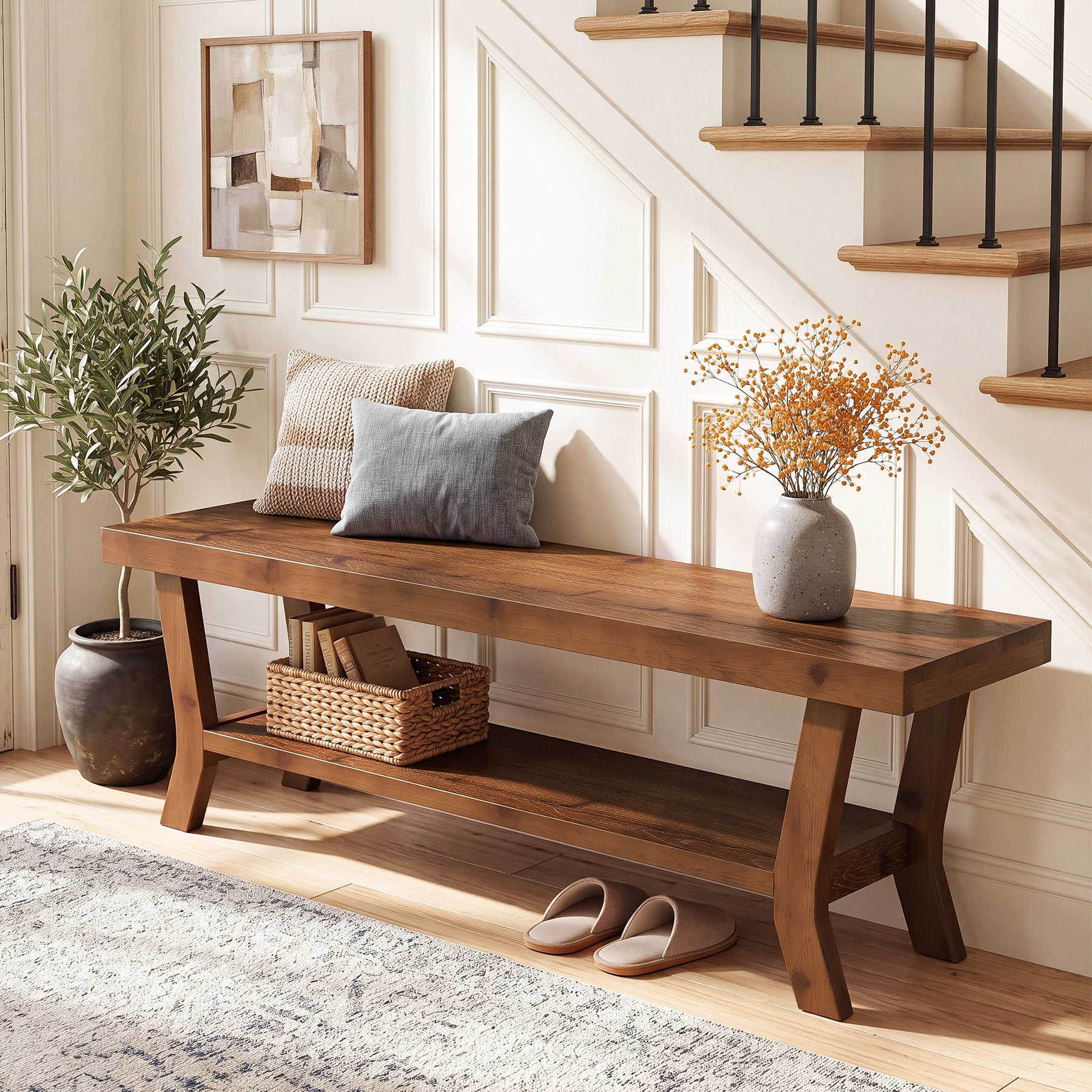 Tribesigns 55-Inch Solid Wood Entryway Bench with Lower Shoe Shelf