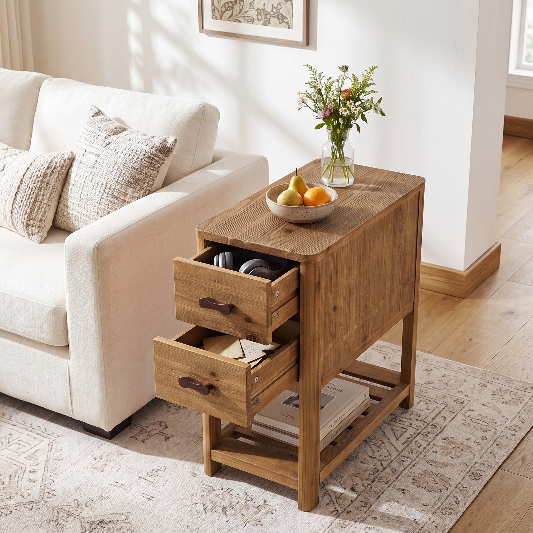 Farmhouse Narrow Nightstand with 2 Drawers, Solid Wood Skinny Bedside Table, Bedroom