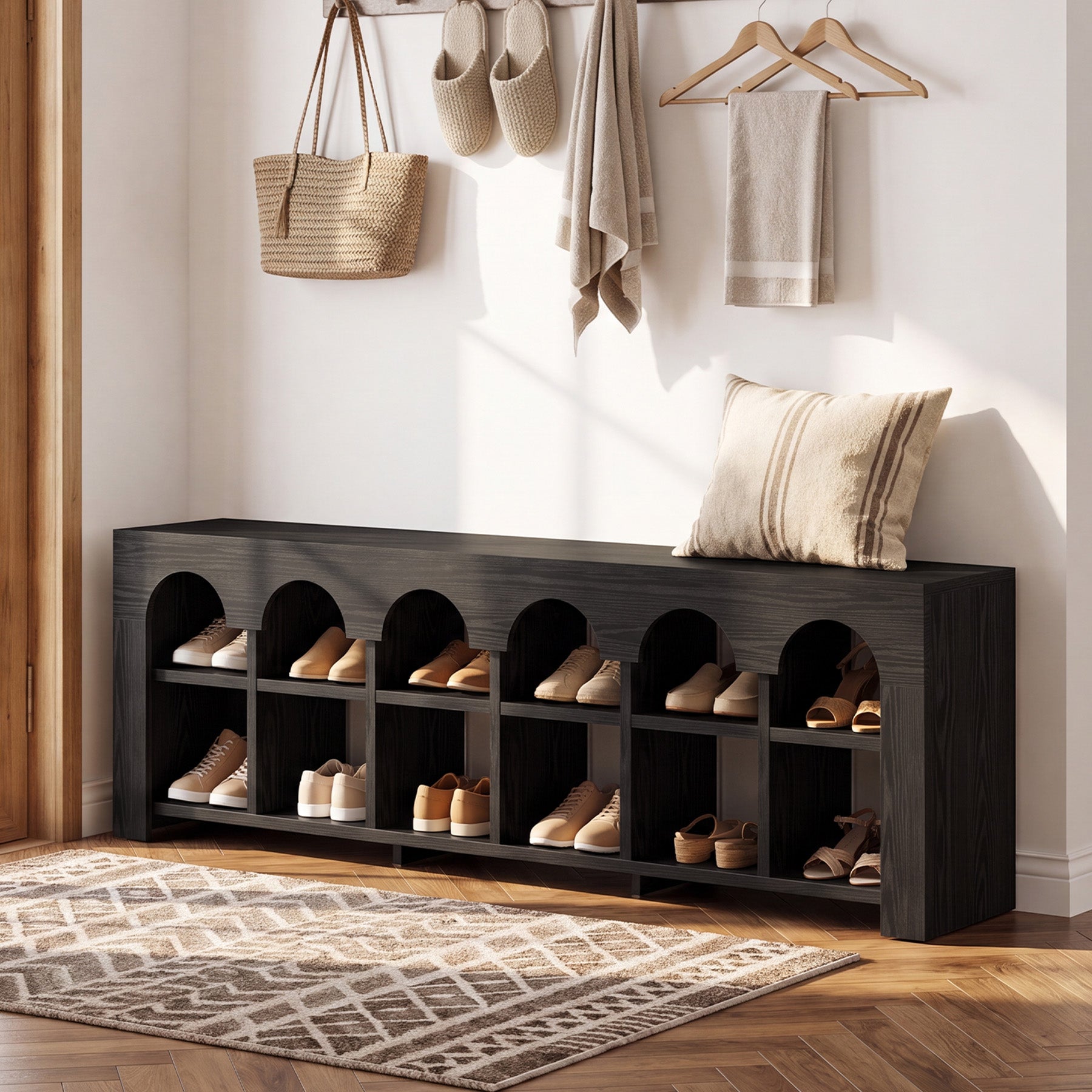 63" Entryway Bench, 2-Tier Narrow Shoe Storage Bench with Arched Cubbies