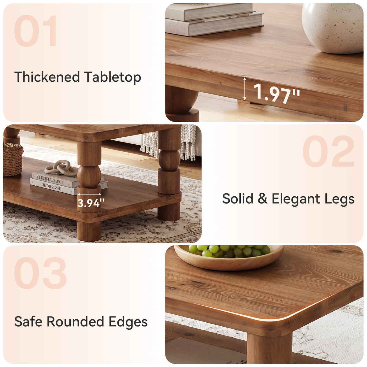 47" Farmhouse Solid Wood Coffee Table, 2-Tier Storage, Living Room
