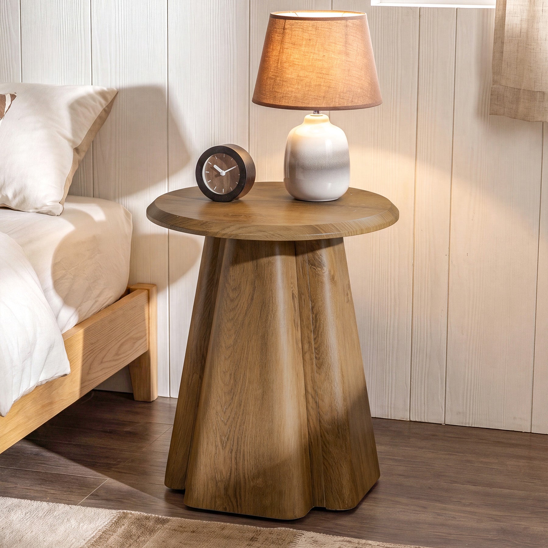 23.6" Round Nightstand, Wooden Bedside Table with Sturdy Support