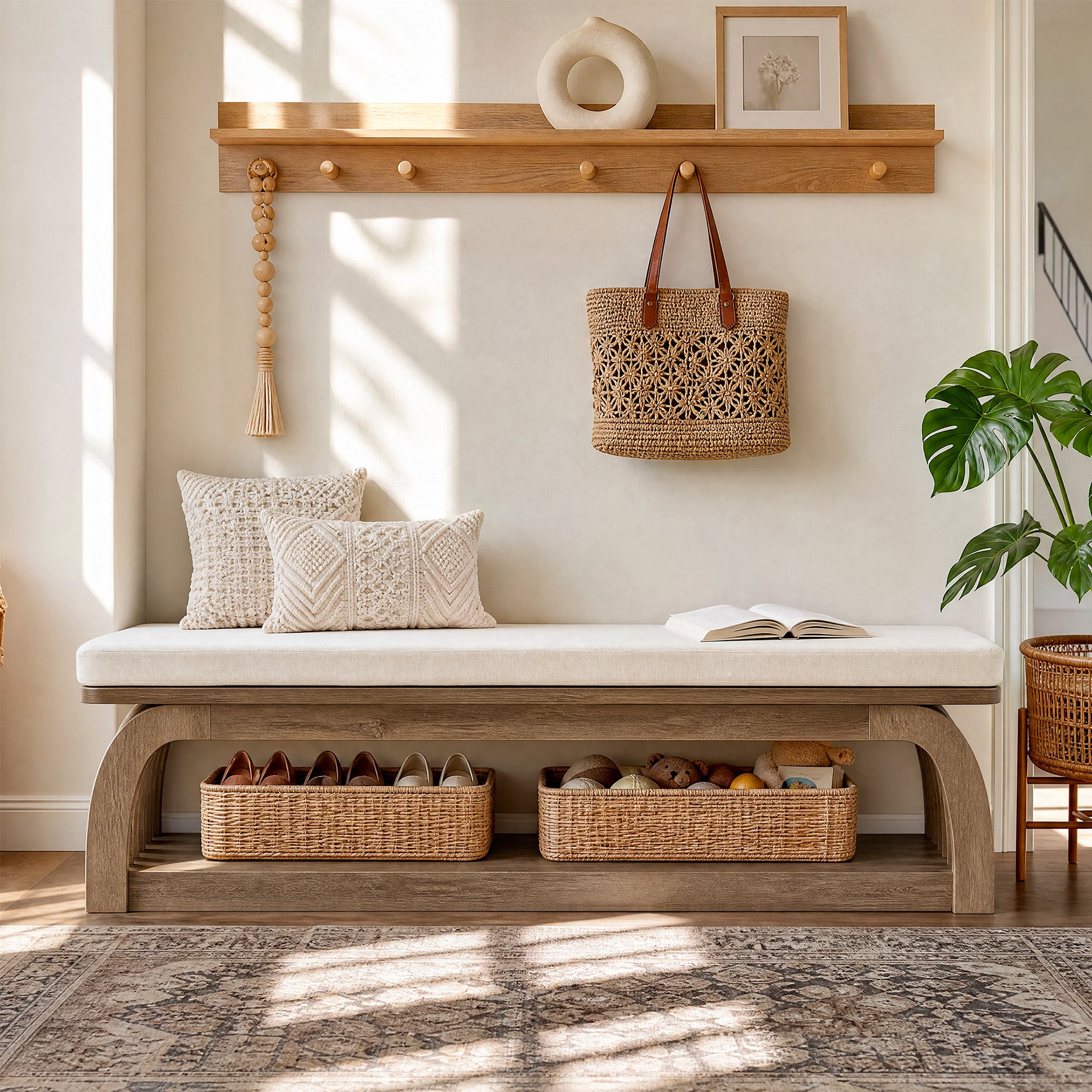 55" Upholstered Entryway Bench, 2-Tier Shoe Storage Bench with Hollow Legs for Hallway