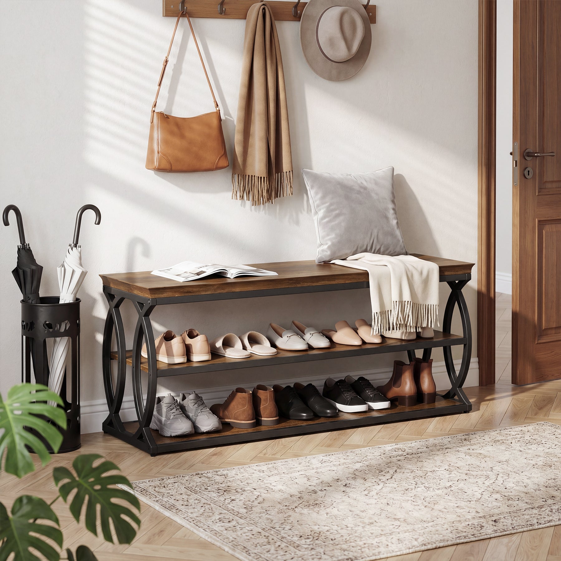 Shoe Storage Bench with 3-Tier Rack, Industrial Wooden Shoe Organizer for Hallway Living Room Closet