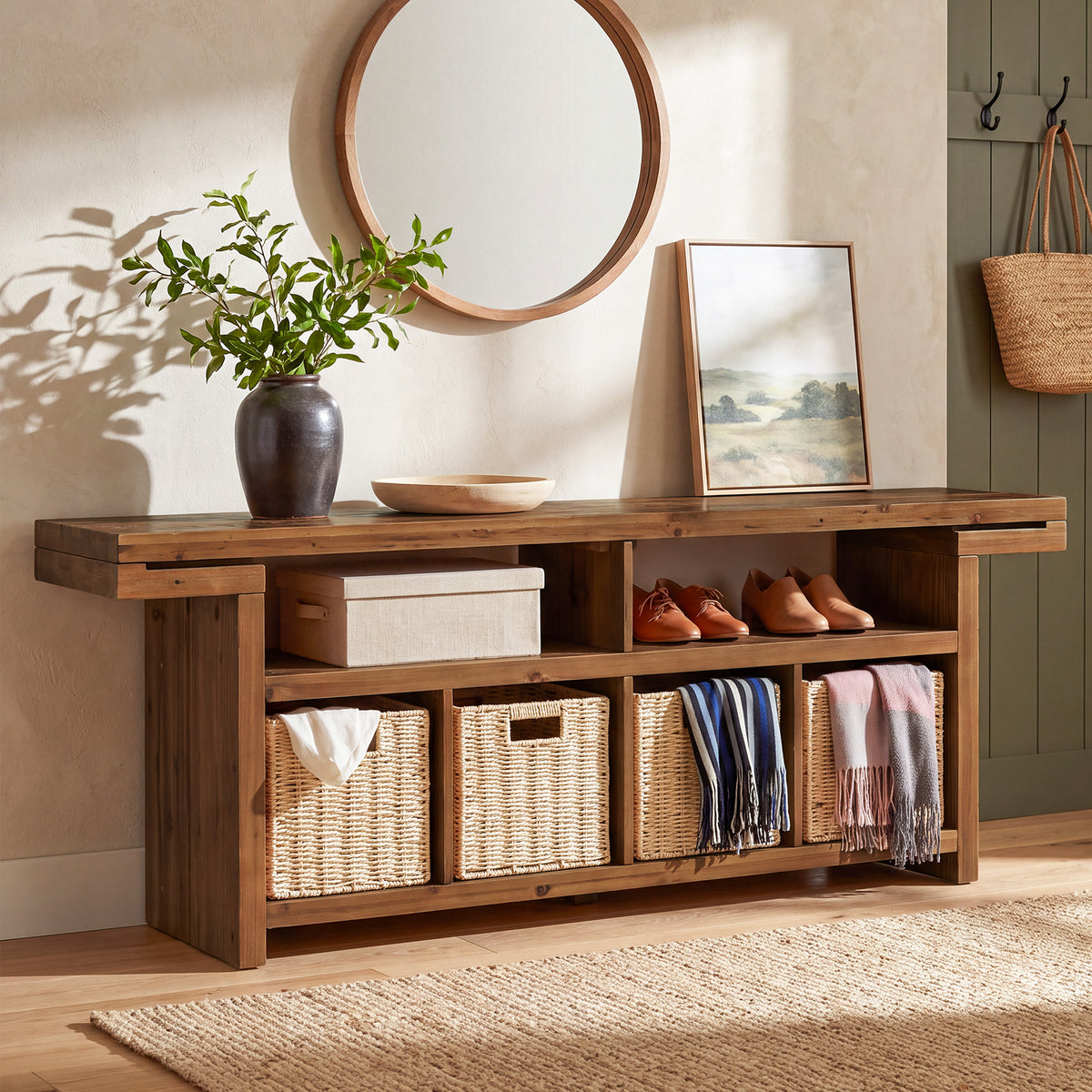 63" Farmhouse Solid Wood TV Stand with 4 Baskets & 2 Open Shelves
