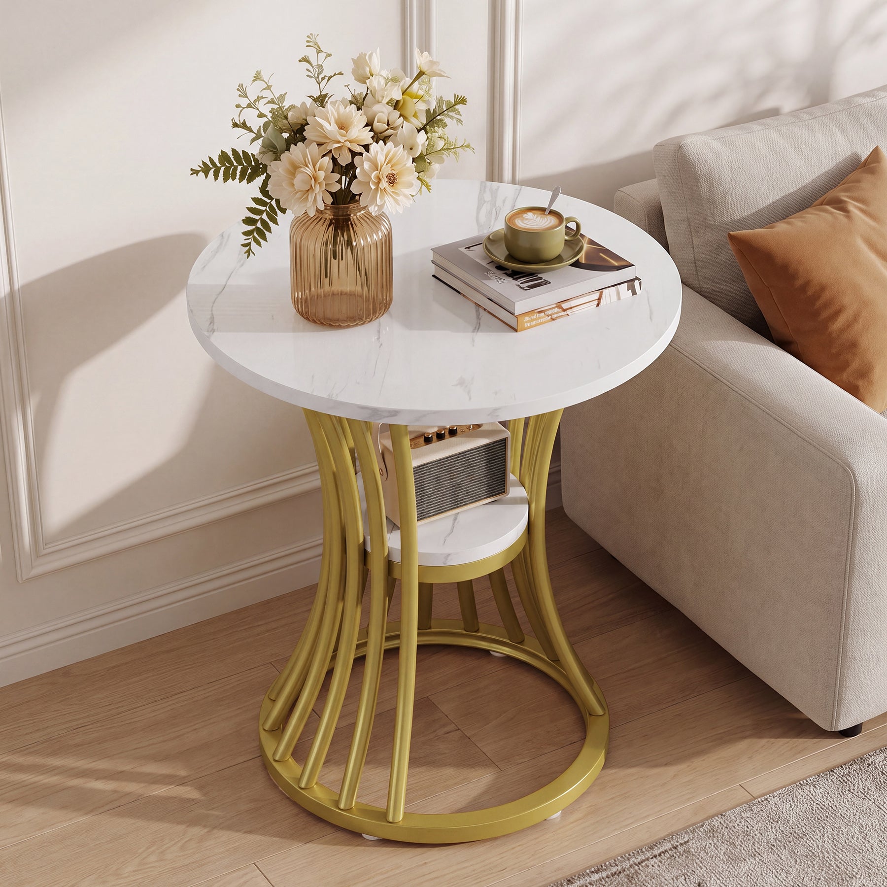 19" Round Faux Marble End Table, 2-Tier Modern Side Table, Indoor Outdoor, Living Room Patio