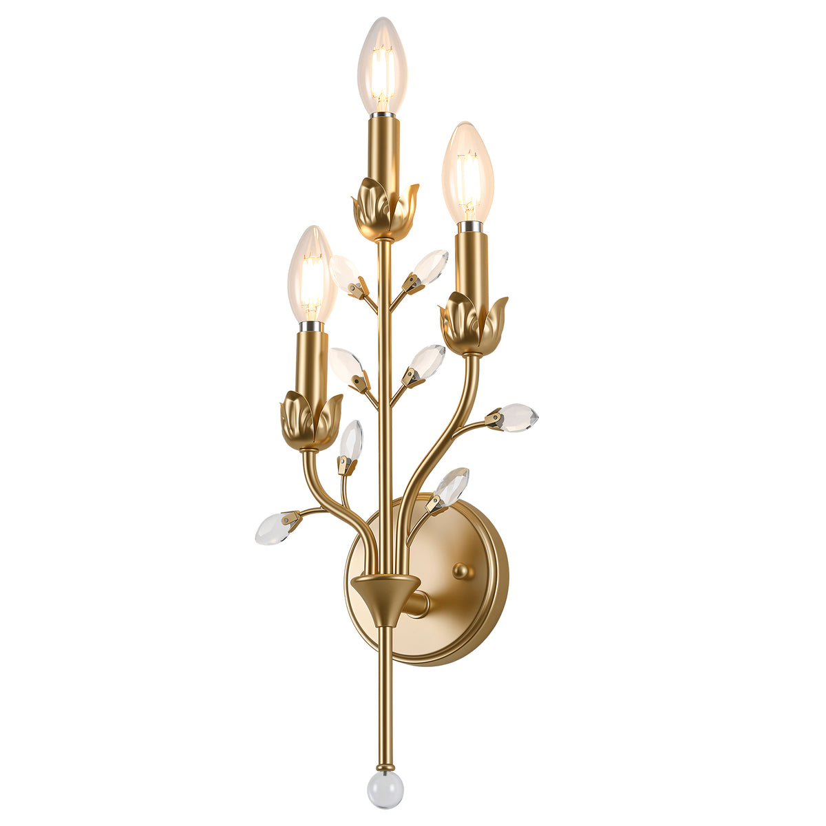 3-Light Gold Crystal Wall Sconce, Floral Vine Candle Wall Light